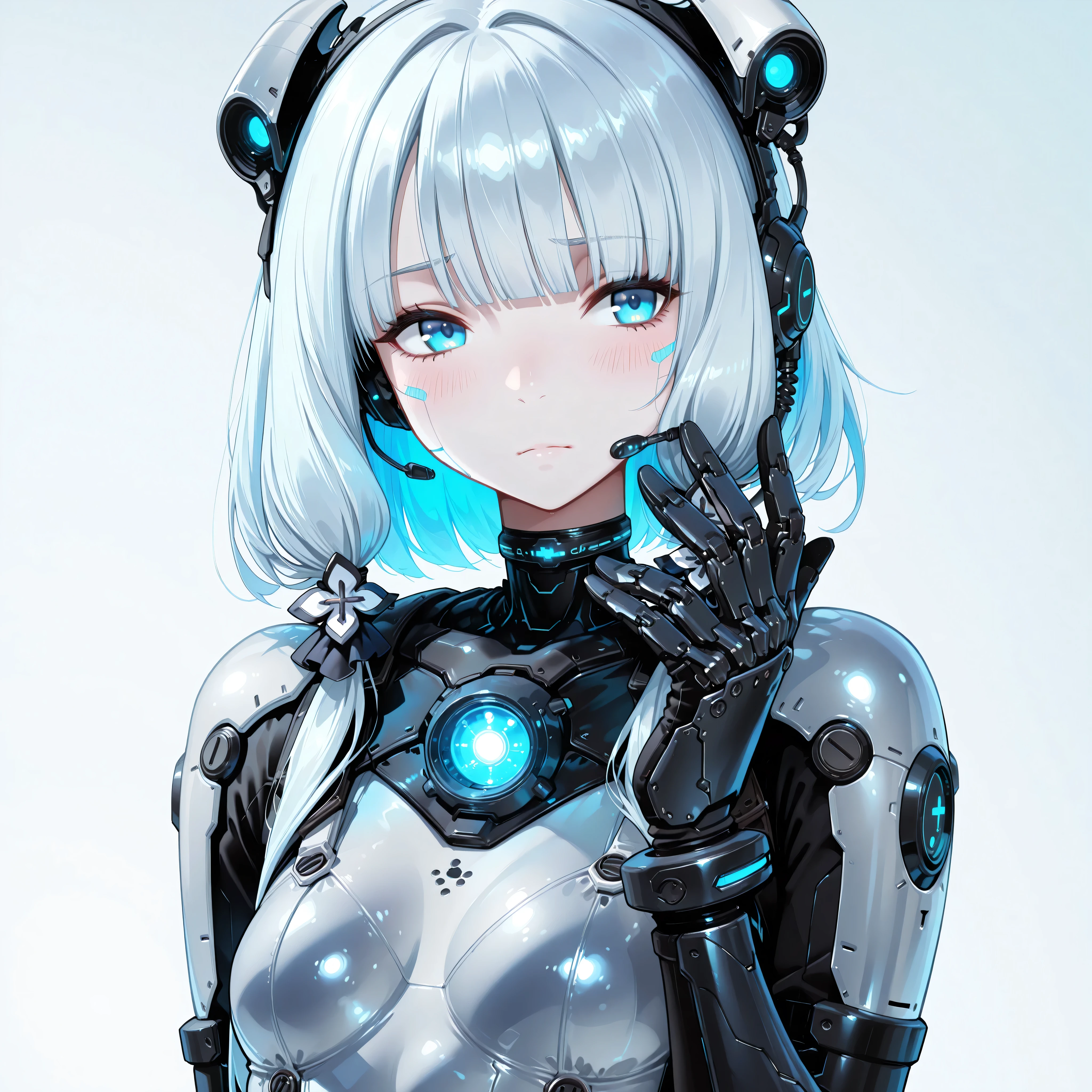 ==================
character:
==================
1girl, solo,
young female android, cybernetic girl,
short to medium length silver-white hair, soft layered bob, slightly wavy,
straight bangs, fine hair strands, glossy hair,
icy blue eyes, large anime eyes, calm and serious expression,
soft blush on cheeks, pale skin,
small mouth, delicate facial features,
earpiece, cyber ear module,
futuristic choker with small glowing core,
==================
Body & Costume:
==================
high-tech exosuit, futuristic combat suit,
white and black armored bodysuit,
cyan and teal glowing accents,
sleek mechanical design, segmented armor plates,
hard-surface armor mixed with soft inner suit,
exposed joints with glowing lines,
mechanical arms, armored gauntlets,
detailed sci-fi plating, micro panel lines,
glossy metal + matte material contrast,
clean sci-fi aesthetic, no damage, pristine condition,
==================
Details & Texture:
==================
ultra detailed illustration,
sharp lineart, thin clean outlines,
soft anime shading, subtle gradients,
high contrast lighting,
rim light around silhouette,
glowing elements softly illuminated,
refined highlights, cinematic polish,
==================
Composition & Pose:
==================
upper body focus, mid-shot,
slightly angled body, dynamic but calm pose,
one hand raised near face,
looking slightly to the side,
balanced composition,
==================
Background:
==================
simple background,
minimalist background,
soft gradient background,
light gray to pale blue gradient,
no scenery, no objects,
clean empty space,
studio background,
==================
Overall Style:
==================
anime style, futuristic anime illustration,
illustrious style,
high quality, masterpiece,
extremely detailed, best quality,
