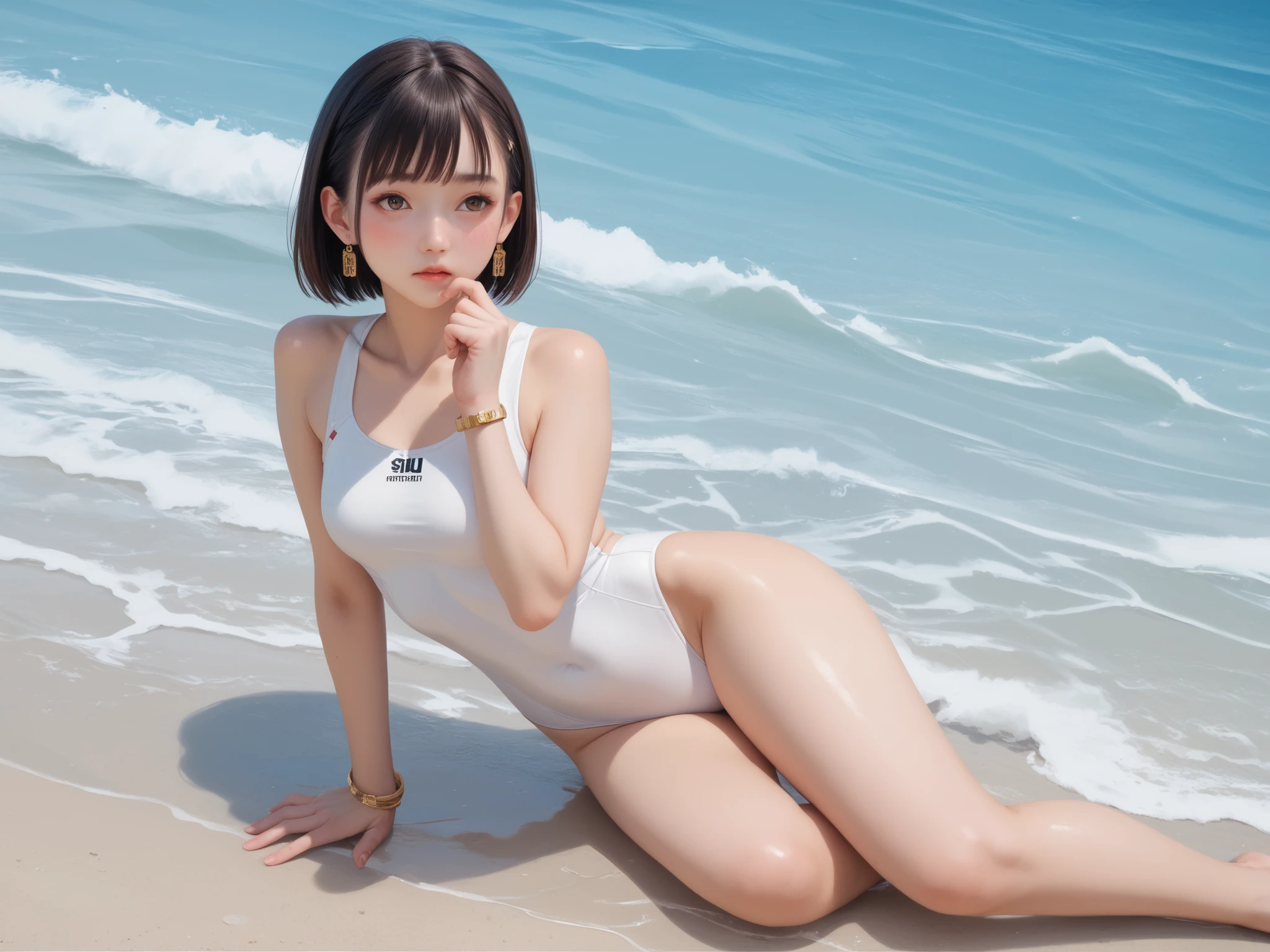 Fraction_9, Fraction_8_Up, Fraction_7_Up,
cowboy lens, Chinese style,
1 girl,white swimsuit, High Cut Swimsuit,full body showing,silicone implants,yellow swimming ring, Beach,Swimming pool,Place your left hand under your chest,place your right hand behind your butt,shy expression,Shut up,Face blush