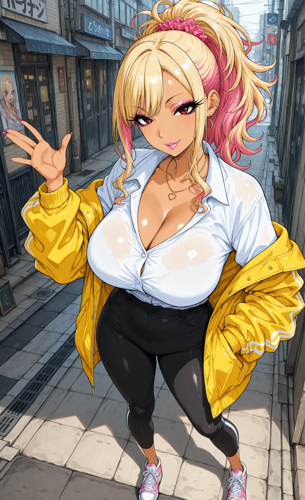 1990s \(style\), retro artstyle, 1990s anime cels style, best quality, high resolution, magazine cover, (city), smile, 1girl, (dark skin), blonde hair, twintails, (huge breasts:1.2), azuki, gyaru, tied shirt, , leopard print bikini, cleavage, clothes around waist, pleated skirt, (from side:0.8), earring, choker