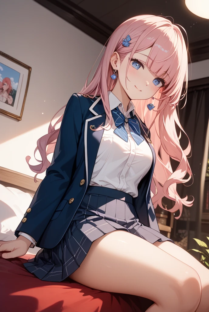 (8K), (highest quality: 1.2), (realistic), (realistic: 1.37), ultra high resolution, 1 girl, cute, smile, closed mouth, beautiful details, beautiful nose, wet hair, giant dulcefo, pork, thighs，Self snap,University Student Uniform,simple blazer,pleated skirt,Are standing,opaque tights,(8K), (highest quality: 1.2), (realistic), (realistic: 1.37), ultra high resolution, 1 girl, cute, smile, closed mouth, beautiful details, beautiful nose, wet hair, giant dulcefo, pork, thighs，Self snap,University Student Uniform,simple blazer,pleated skirt,opaque tights,bed,spread your legs ,skirt lift, From above
