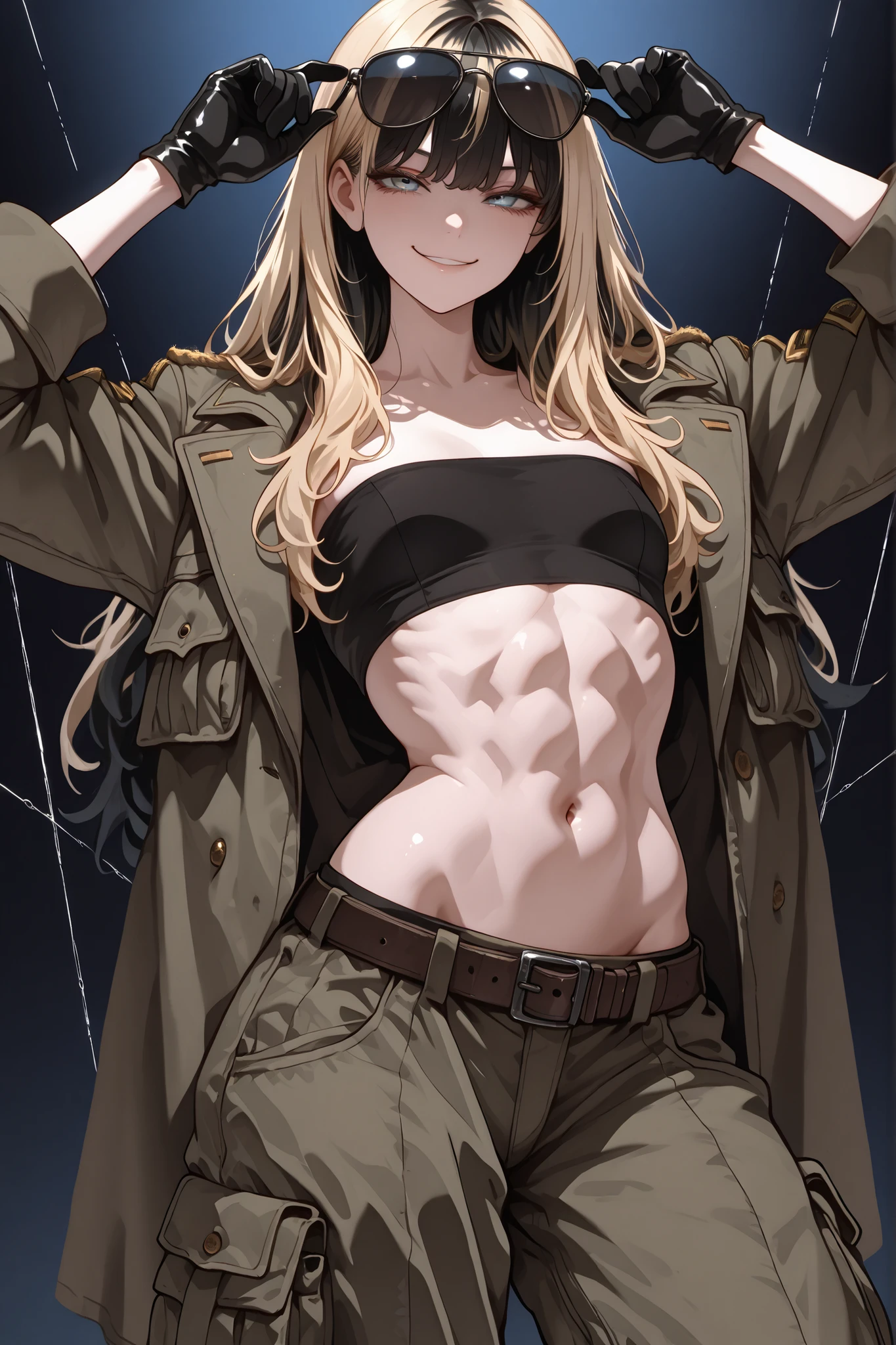 masterpiece, top quality, Great Quality, very aesthetic, High Resolution, super detailed, absurd, Newest,long hair,Thread,womanhood,slender body without useless flesh,black tube top,Flexible Muscles,Flat breast,sadistic smile,Waist-worn cargo pants,heavy duty military jacket,The Royal Family,Clear Blue Eyes,two-tone hair,blonde hair black roots,black thimble gloves,metal ring I'm carrying sunglasses wo is attached to all fingers of both hands,The natural hair is black hair,belt,sunglasses on the glass holder on the,carry sunglasses hooked to the top of the tube,solo,groin,Slightly floating abs