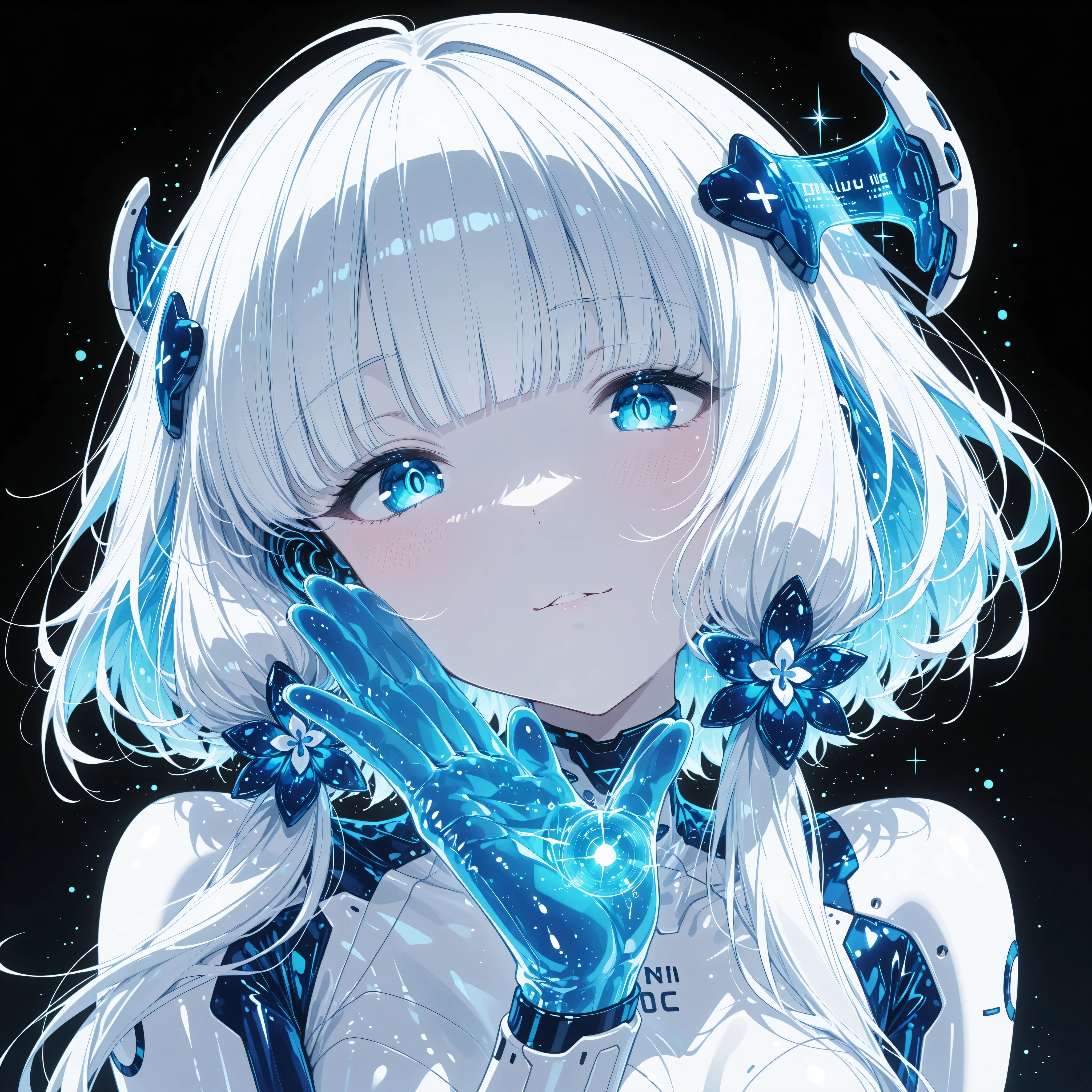 1girl, kawaii, melancholy expression, long hair, bangs, long cropped bangs hide both eyes, shoulders, jacket, upper body, white hair, blunt bangs, off shoulder, , black jacket, hair over eyes, arm tattoo, shoulder tattoo, Around the girl are splashes of black and white paint or ink that reflect the colors of the yin-yang symbol behind her Smoke and fog intertwined with the paint splashes add to the dramatic effect,