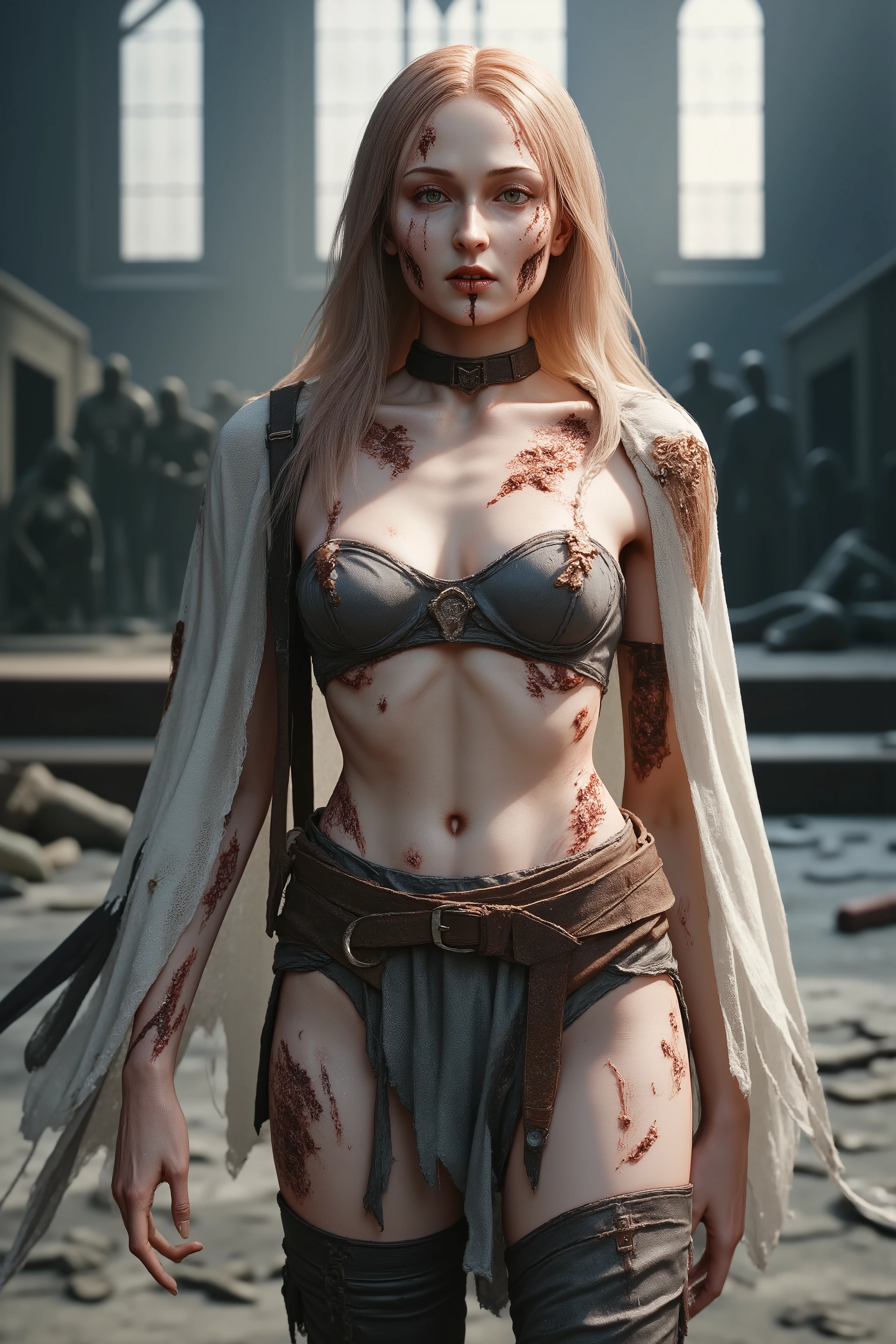 Powerful nude pregnant paladin girl with long stiletto boots with white liquid on face and body, black makeup tears on face, kneels in front of a holy altar , Some green goblins surround and touch them. 、 Ganzfigur , whole body , cleavage , She has long disheveled, rotes Haar , that is braided on the sides , , The soft daylight accentuates her tanned skin . Her bright green eyes and red lips. Unter ihm , Nylon stockings and high silver splints and long stiletto boots shield her legs . A flowing royal white velvet cape with silver silk draped over her shoulders , attached with a lion-shaped golden brow . verwischtes make-up. The background shows a holy cathedral . The light brightly illuminates her face Big breasts , alluring , showing off the Ganzfigur of her female character , athletic body , perfektes Gesicht , whole body , Extremely beautiful , goddess , Weibliche Form , perfekte Anatomie , schwanger