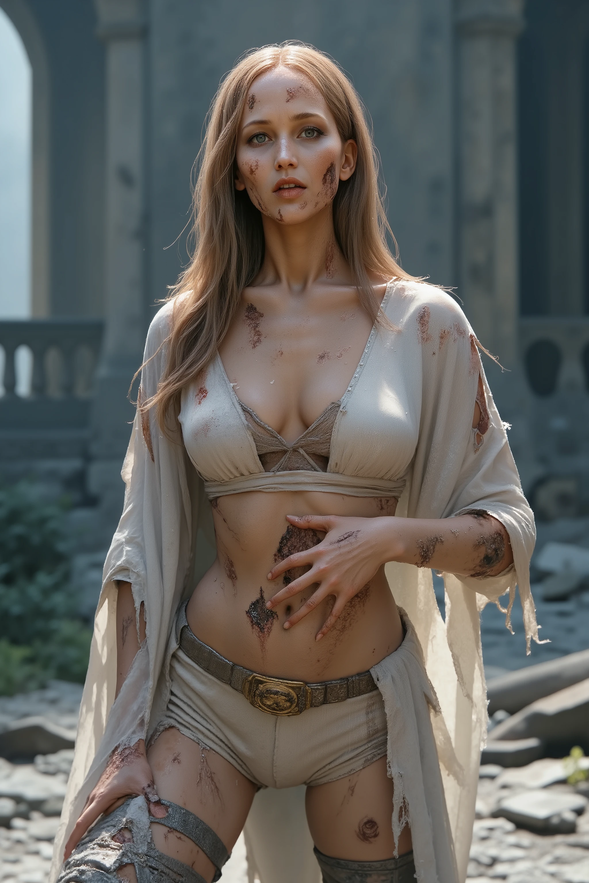 Powerful Wet and Nude Priestess kneels on a holy altar with white liquid on her face and body , black makeup tears on her face on her cheeks,, Some green goblins surround and touch them、 Ganzfigur , whole body , cleavage , Sie hat lange , goldblondes Haar , that is braided on the sides , , The soft daylight accentuates her tanned skin . Her bright blue eyes. Nylon stockings and high silver splints and long stiletto boots shield her legs . A flowing royal white velvet cape with silver silk draped over her shoulders , attached with a lion-shaped golden brow . The background shows a holy cathedral . The light brightly illuminates her face and every detail Her clothes Large breasts , alluring , showing off the Ganzfigur of her female character , athletic body , perfektes Gesicht , whole body , Extremely beautiful , goddess , Weibliche Form , perfekte Anatomie