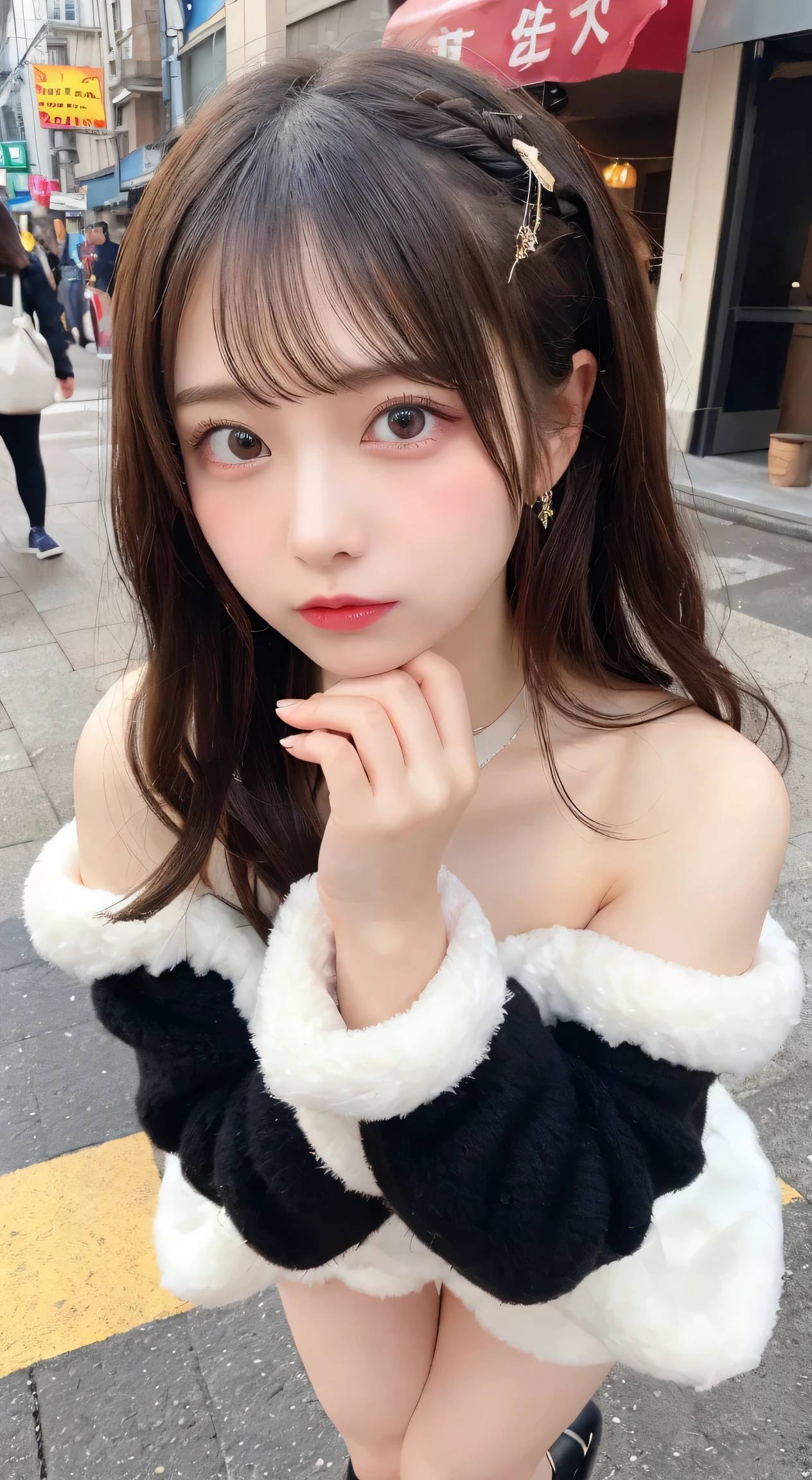 pretty girl's angle seen from above:1.6,美女のCute Eye Upアングル,Long Wave Princess Princess Vertical Curly Blonde:1.3, Hostess Style Long Vertical Curly ,big eyes,big eyes,cute eyes,(cute eyesの美人:1.8),Spotted Eyes,Open Your Eyes Wide,(High quality 8k,masterpiece)、(Angry Mouthpiece :1.4),serious expression:1.2,Cute Eye Up:1.7, tall and cute woman 、cute eyes:1.7, (chain girl sister style winter clothes long sleeve:1.4, chain girl sister style winter clothes long sleeve,Super Fluffy Off Shoulder Black Giant Knit Cardigan,White Fluffy Furry Micro Mini Skirt,White Fluffy Furry Micro Mini Skirt,fancy gal beautiful sister fashion),White Long Fluffy Girls Sisters Braid Giant Long Coat:1.4,Christmas Glitter Decoration DisneySea,美女のcute eyes, cream pie on a cute face,Spotted Eyes,Woman with Beautiful Double Eyelids,Spotted Eyes,Cream Pie on a Cute Beautiful Girl's Face,Cream Pie on a Cute Beautiful Girl's Face,My Makeup,cute plump teardrop bag,cute plump teardrop bag,(beautiful legs, thighs exposed:1.5,beautiful legs revealed,beautiful legs, thighs exposedした,bare thighs,beautiful legs high heels),beautiful standing,Standing Princess