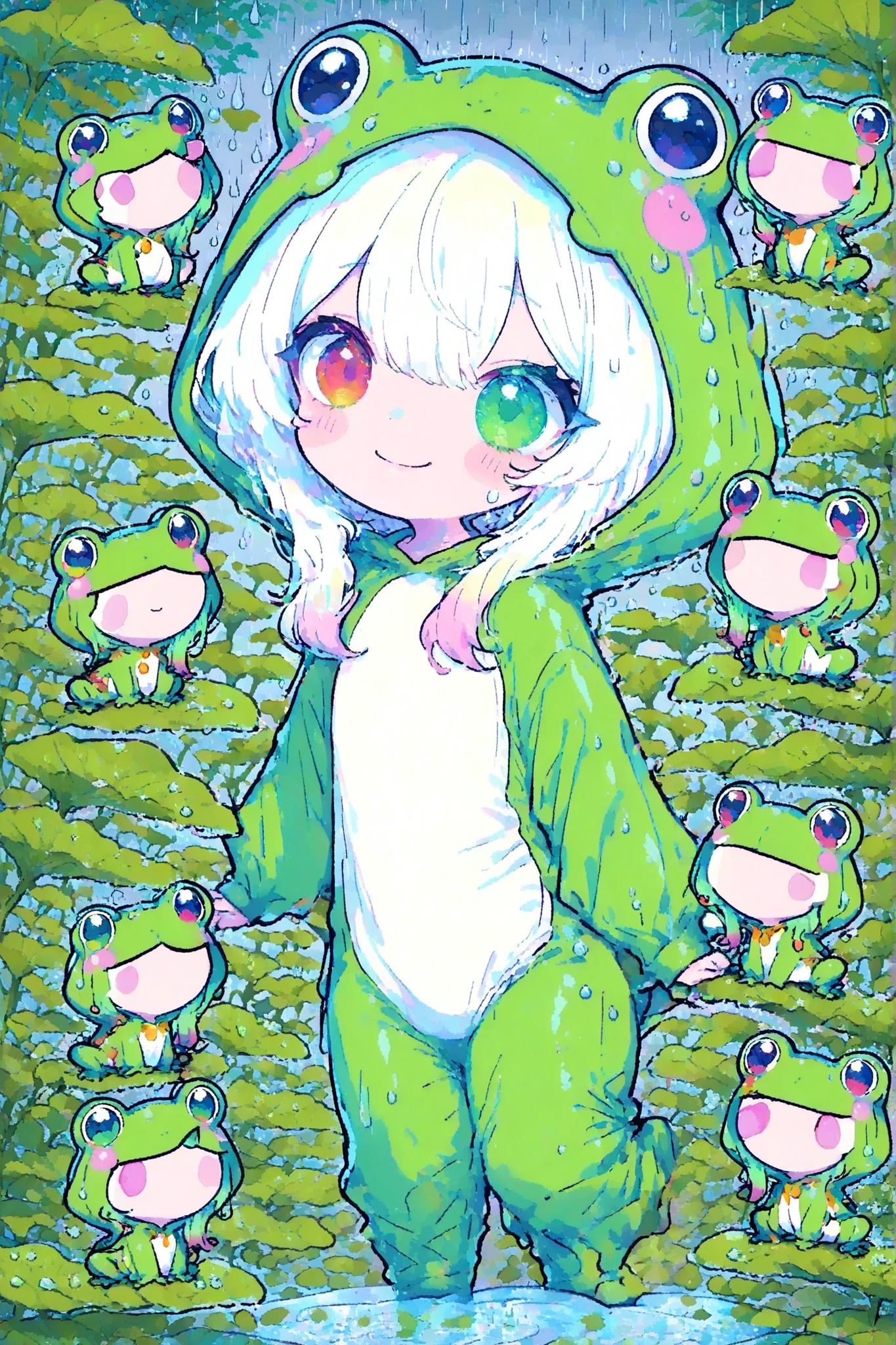 Melys,chibi,odd eye,frog costume,rain,Smile Yan,大きな葉っぱの下でrain宿り,,Actions,Dynamic,anime,masterpiece,top quality,Great Quality,very beautiful,Newest,