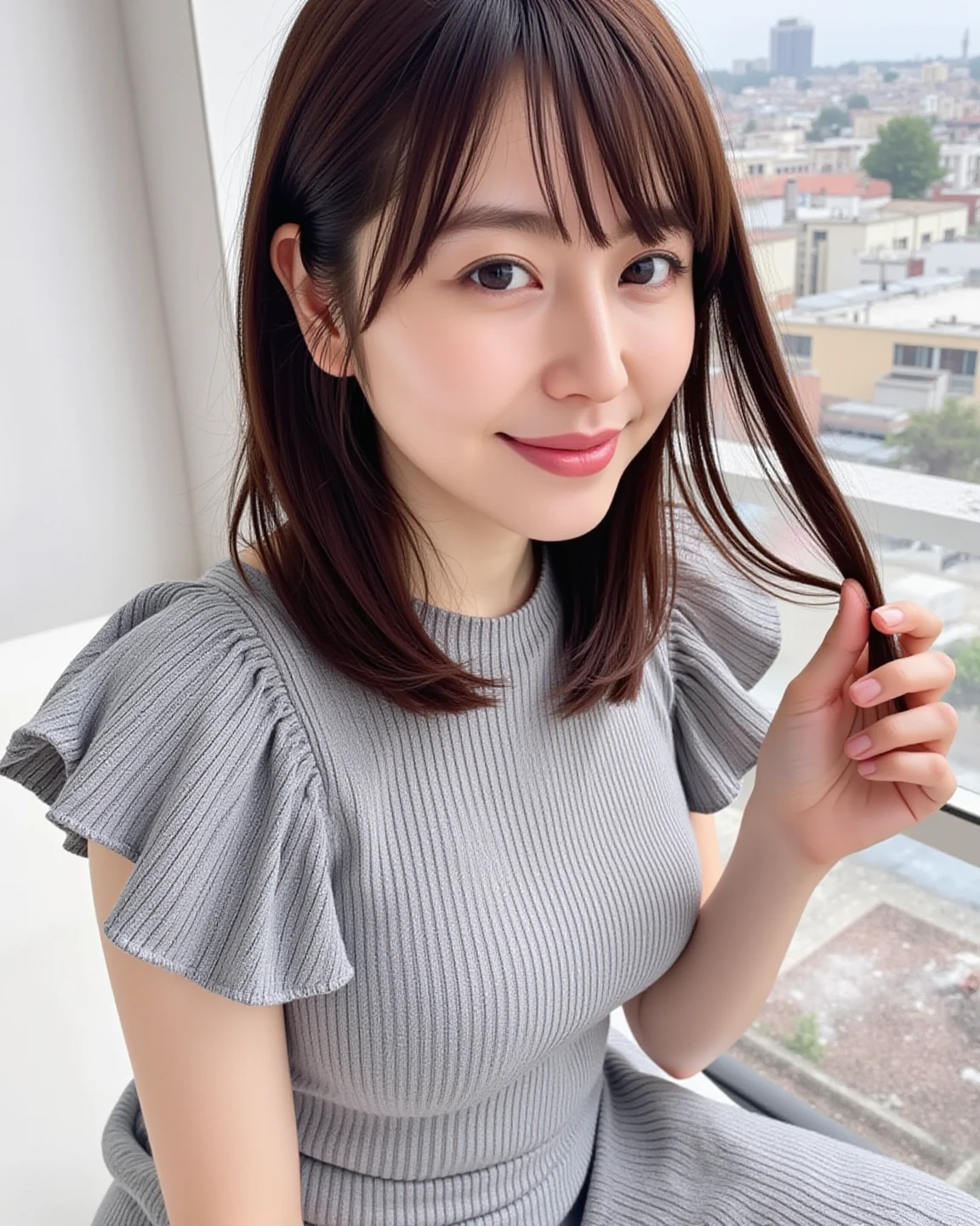 (Highest quality, 8K, 32k, masterpiece, Ultra-high resolution: 1.2), 1 Girl, Beautiful Japanese Woman, Narrow waist, (Lovely Face),, ((Neat and clean clothes), Natural clothes, 、color々With a wide variety of clothes、淡いcolorのブラウス, (Mimore length skirt), Elegance Casual), Age 25, Cinematic Light, (Biting pose: 1.2), (Smile at someone you like),Concrete wall、Silky Hair、short hair、Short Bob、Bob Hair、Loose and fluffy hair