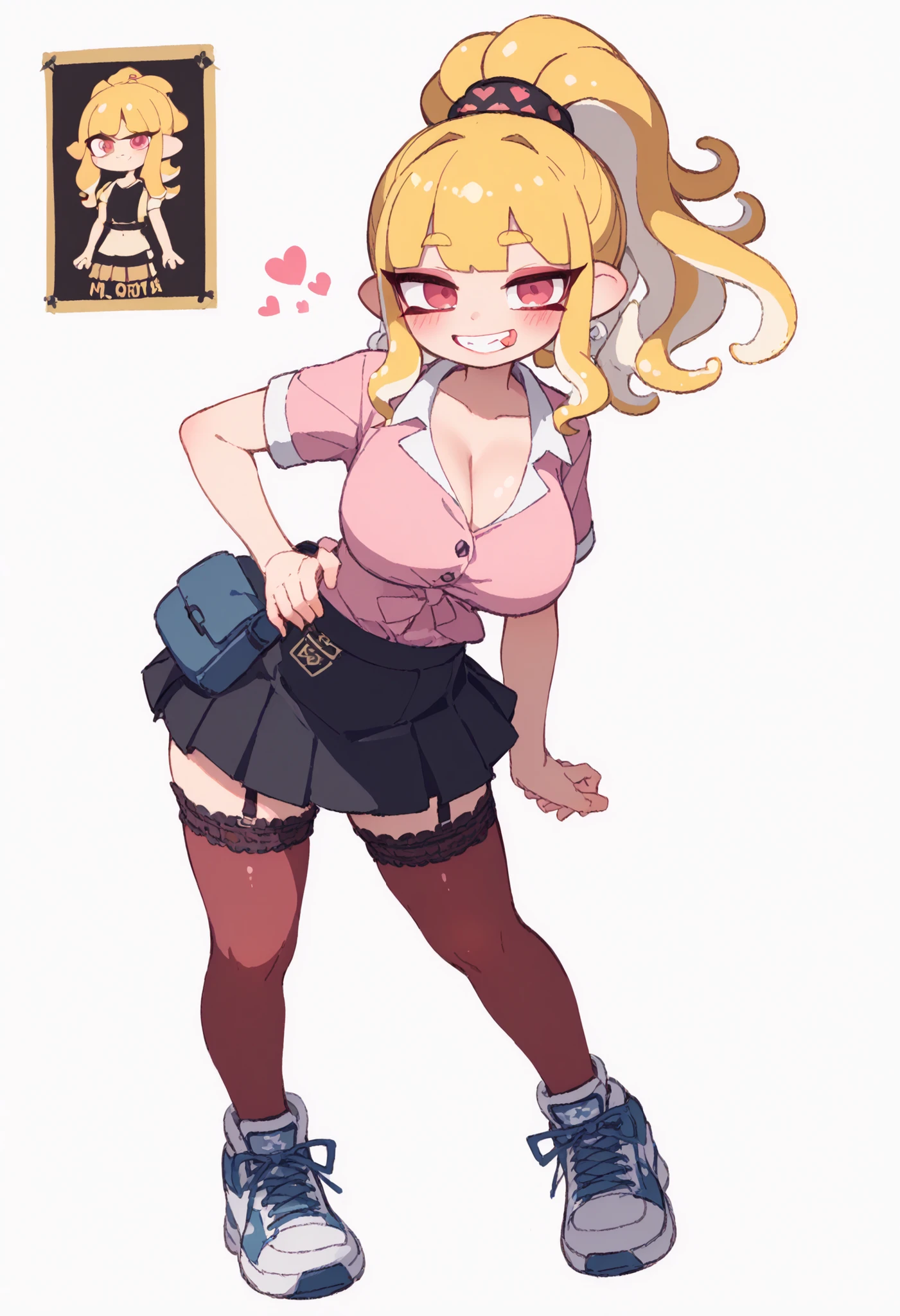 nsfw、masterpiece、top quality、High Resolution、High contrast value、Splatoon Girls、Gal、Galのインクリング、Full Body、golden hair、Huge Female College Student {x} High Ponytail、bangs with big front teeth、asymmetrical facial features on the left and right、Cute slanted eyes、red eyes、pink eye makeup、plump thick lips、Sundra、Blush、smile with a slight tongue out、very large breasts、cleavage、wide-open chest shirt、light pink shirt、red bikini underwear、thin waist、small butt、micro mini skirt、Garter Belt、item pouch on the thigh、cute sneakers with thick soles、cinema poster 、Studio Lighting、sexy pose、HDA_ChibiStyleXL、splaofficial、
