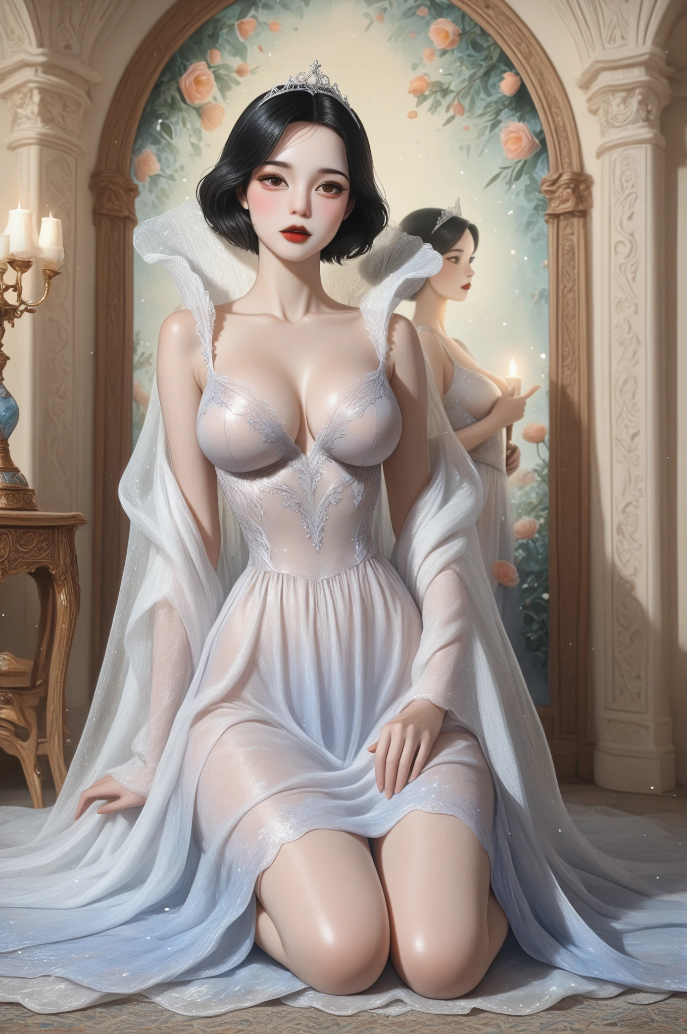 there is a woman sitting on a chair in a room, Mary Jane Ansell, portrait of a princess, Elegant lady with alabaster skin, princess portrait, beautiful character painting, portrait of the princess, beautiful languid princess, pintura de portrait of a princess, inspired by Alexandre Cabanel, inspired by Franz Xaver Winterhalter, Rococo Queen, pale porcelain skin,  (full body:1.8), (upper body up:0.3), (hyper realistic:1.4), (realistic:1.3), (best quality real texture skin), Detailed eyes, detailed face, PERSEPHONE, Persephone, Persephone, (SFW:1.5) Hyperrealistic