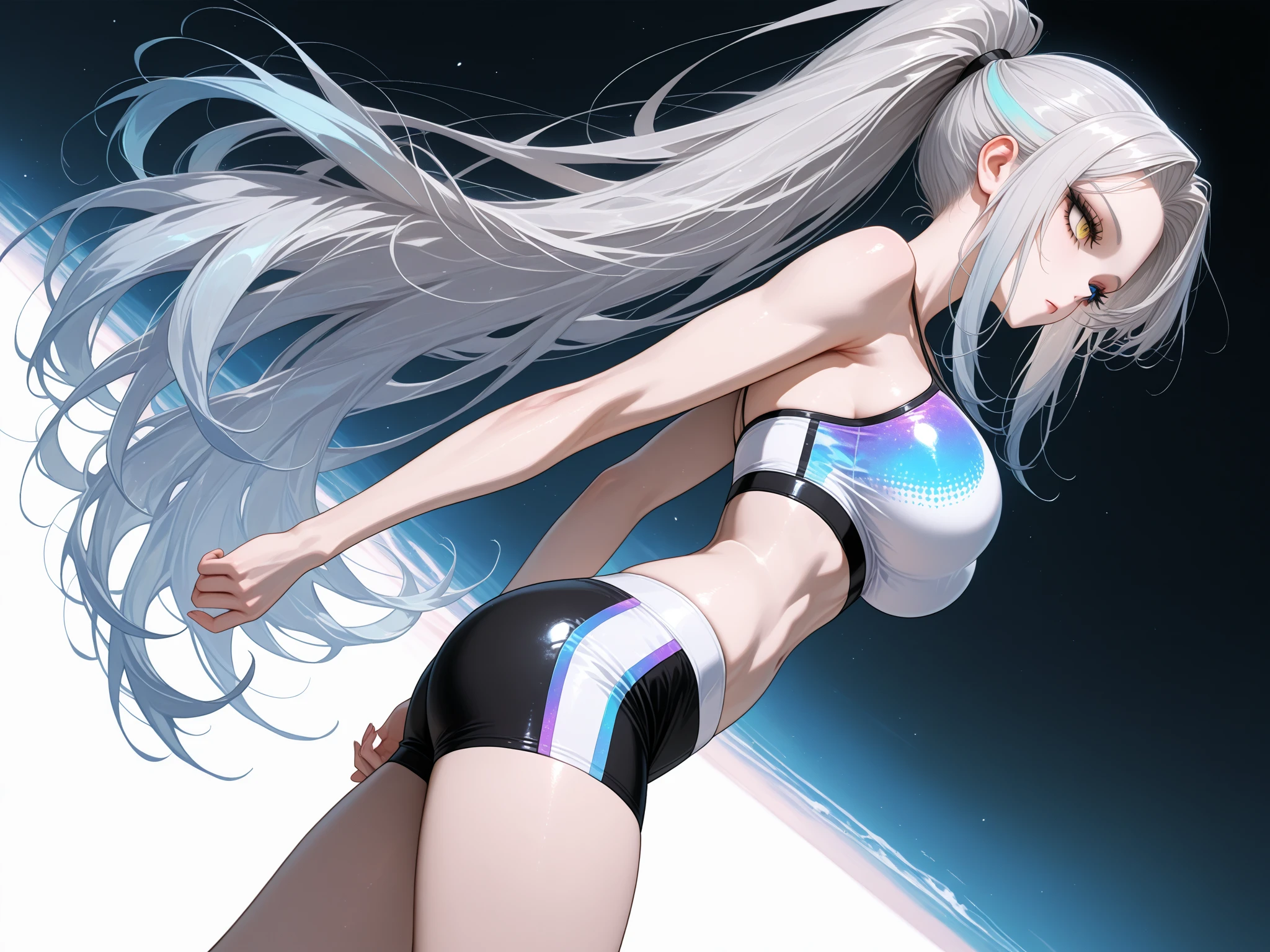 White-haired girl long hair blue eyes white tight suit with orange and black highlights