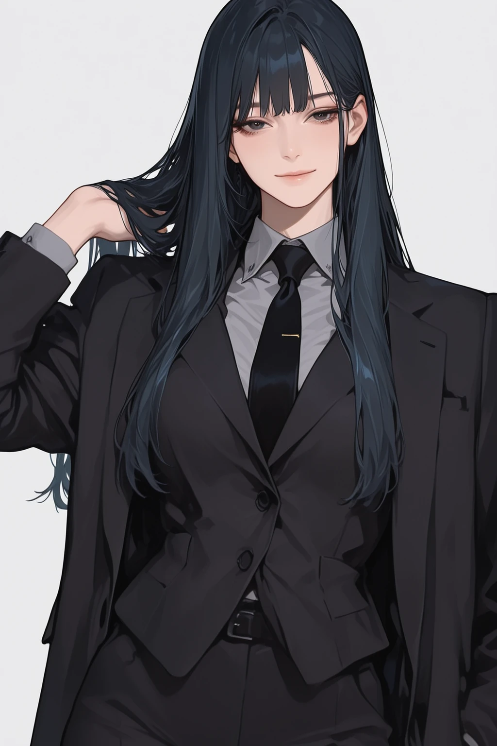 a tall skinny boy with very long dark blue hair, wearing a black suit, black choker, orange round sunglasses, 8k, high quality, masterpiece