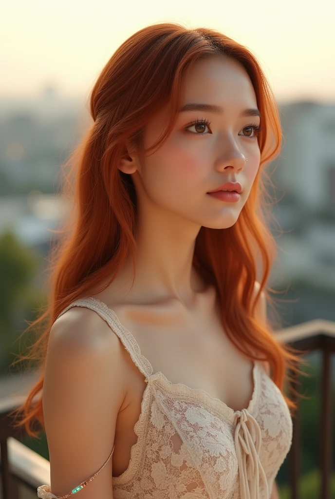 An attractive young redhead named Anna Nikonova, also known as New Milky、She poses elegantly on a bed decorated in pink floral pajamas in a quiet, intimate room.。Her short, vibrant red hair falls over her shoulders.、Highlights an attractive face。With golden hour cinematic brilliance、Soft ambient lighting subtly illuminates her face.、Emphasizes her beauty。The backlighting adds a dreamy halo around her.、Creates worthy masterpieces in the realm of high-quality, ultra-detailed photography。(Highest quality:1.2、8K resolution、Photorealistic