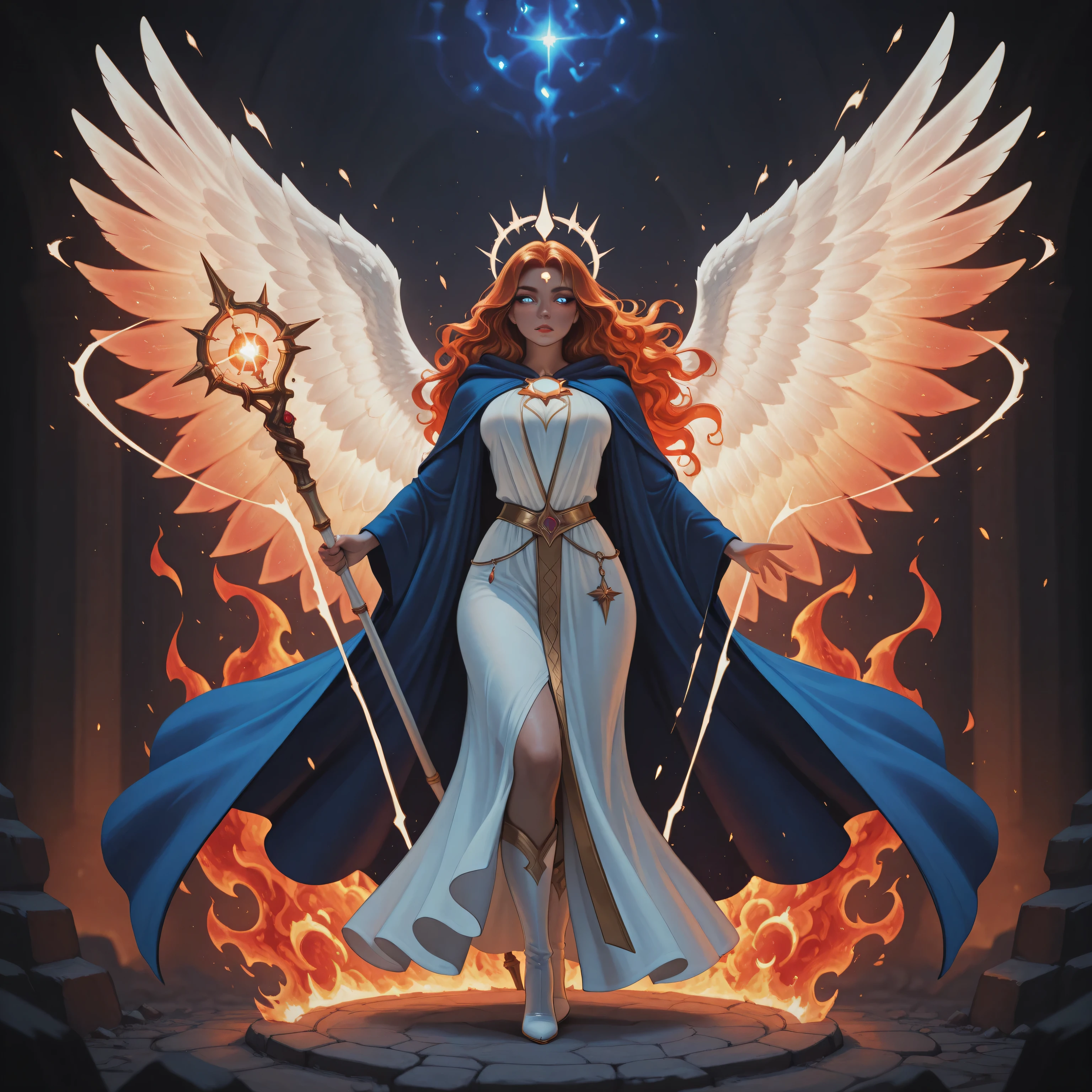 aidmaMJ6.1,realistic cartoon,a picture  female aasimar sorceress casting a fire spell,  extremely beautiful female aasimar, orange hair, long hair, wavy hair, dynamic eyes color, angelic eyes, radiant magical eyes, ultra detailed face, spread angelic wings, white angelic wings, wearing dynamic color robe, wearing blue cloak, long cloak, flowing cloak with fire motifs, wearing high heeled boots, armed with magical staff,  manipulating fire magical energy, vibrant, Ultra-high resolution, High Contrast, (masterpiece), highest quality, Best aesthetics), best details, best quality, highres, 16k, [ultra detailed], masterpiece, best quality, (extremely detailed) RAW, fantasy art, dnd art,