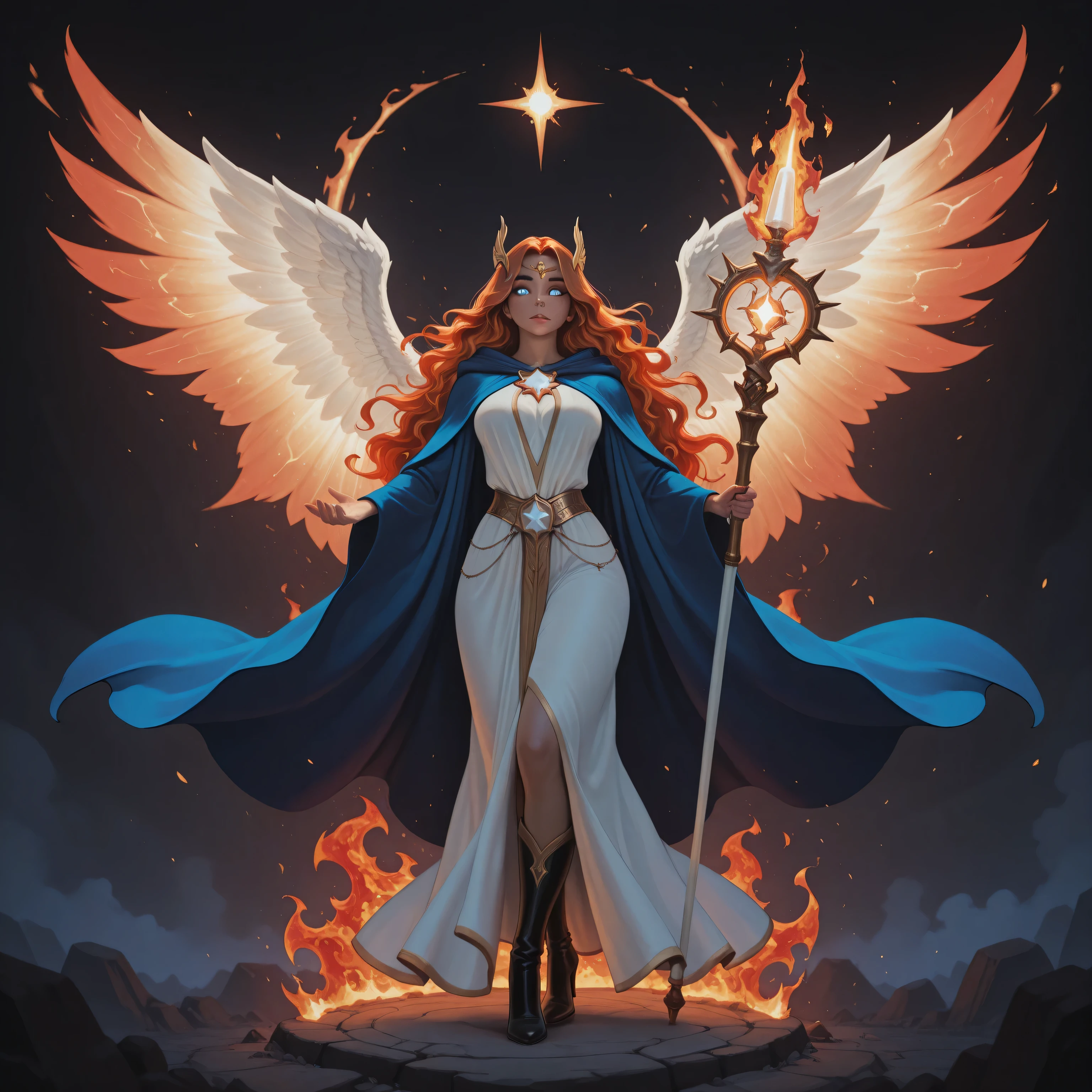 aidmaMJ6.1,realistic cartoon,a picture  female aasimar sorceress casting a fire spell,  extremely beautiful female aasimar, orange hair, long hair, wavy hair, dynamic eyes color, angelic eyes, radiant magical eyes, ultra detailed face, spread angelic wings, white angelic wings, wearing dynamic color robe, wearing blue cloak, long cloak, flowing cloak with fire motifs, wearing high heeled boots, armed with magical staff,  manipulating fire magical energy, vibrant, Ultra-high resolution, High Contrast, (masterpiece), highest quality, Best aesthetics), best details, best quality, highres, 16k, [ultra detailed], masterpiece, best quality, (extremely detailed) RAW, fantasy art, dnd art,