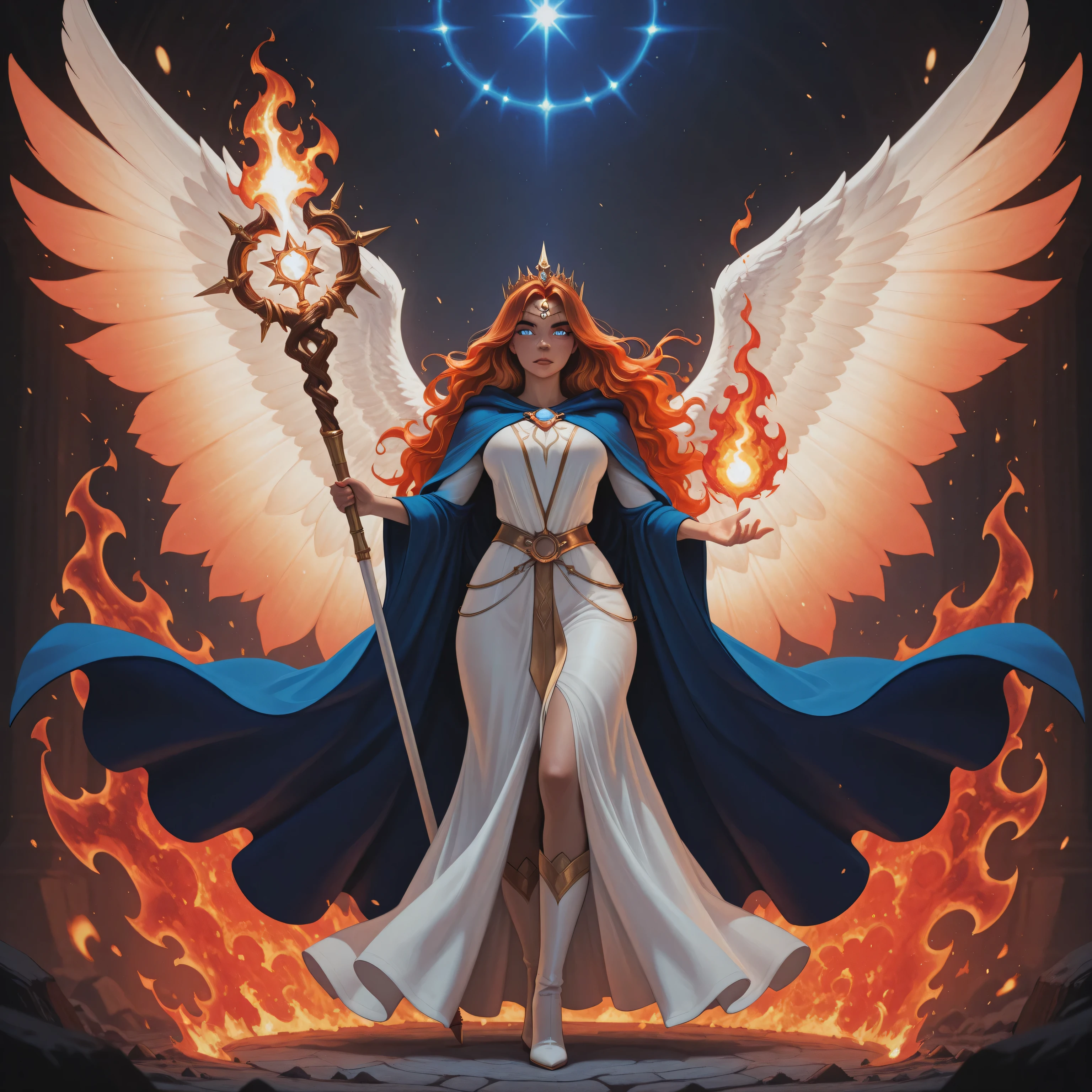 aidmaMJ6.1,realistic cartoon,a picture  female aasimar sorceress casting a fire spell,  extremely beautiful female aasimar, orange hair, long hair, wavy hair, dynamic eyes color, angelic eyes, radiant magical eyes, ultra detailed face, spread angelic wings, white angelic wings, wearing dynamic color robe, wearing blue cloak, long cloak, flowing cloak with fire motifs, wearing high heeled boots, armed with magical staff,  manipulating fire magical energy, vibrant, Ultra-high resolution, High Contrast, (masterpiece), highest quality, Best aesthetics), best details, best quality, highres, 16k, [ultra detailed], masterpiece, best quality, (extremely detailed) RAW, fantasy art, dnd art,