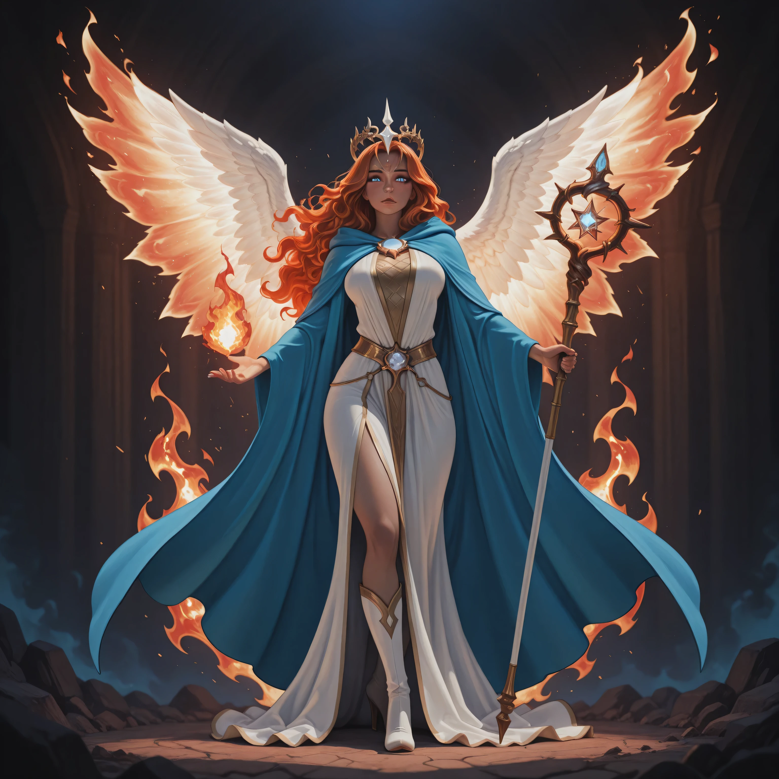 aidmaMJ6.1,realistic cartoon,a picture  female aasimar sorceress casting a fire spell,  extremely beautiful female aasimar, orange hair, long hair, wavy hair, dynamic eyes color, angelic eyes, radiant magical eyes, ultra detailed face, spread angelic wings, white angelic wings, wearing dynamic color robe, wearing blue cloak, long cloak, flowing cloak with fire motifs, wearing high heeled boots, armed with magical staff,  manipulating fire magical energy, vibrant, Ultra-high resolution, High Contrast, (masterpiece), highest quality, Best aesthetics), best details, best quality, highres, 16k, [ultra detailed], masterpiece, best quality, (extremely detailed) RAW, fantasy art, dnd art,
