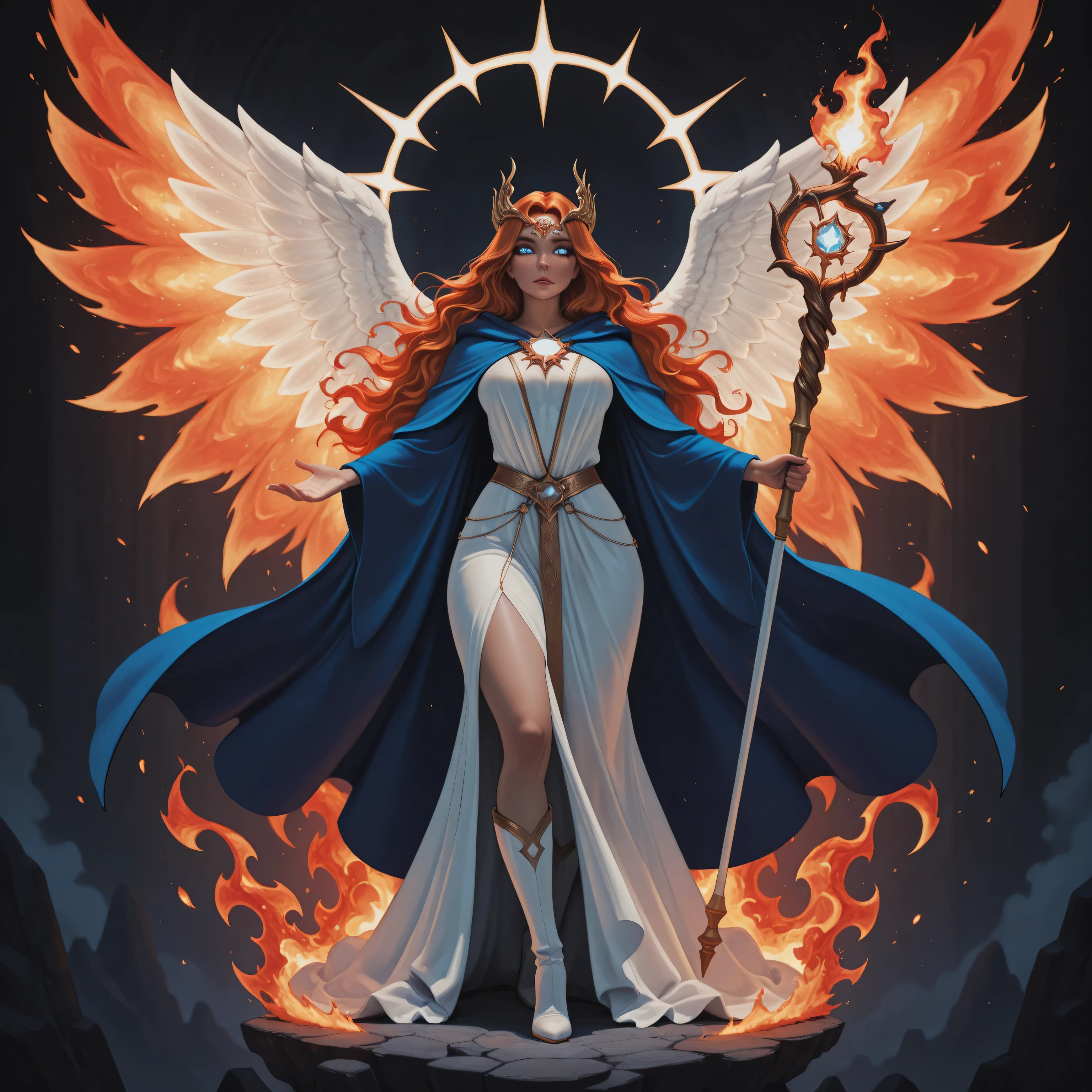 aidmaMJ6.1,realistic cartoon,a picture  female aasimar sorceress casting a fire spell,  extremely beautiful female aasimar, orange hair, long hair, wavy hair, dynamic eyes color, angelic eyes, radiant magical eyes, ultra detailed face, spread angelic wings, white angelic wings, wearing dynamic color robe, wearing blue cloak, long cloak, flowing cloak with fire motifs, wearing high heeled boots, armed with magical staff,  manipulating fire magical energy, vibrant, Ultra-high resolution, High Contrast, (masterpiece), highest quality, Best aesthetics), best details, best quality, highres, 16k, [ultra detailed], masterpiece, best quality, (extremely detailed) RAW, fantasy art, dnd art,