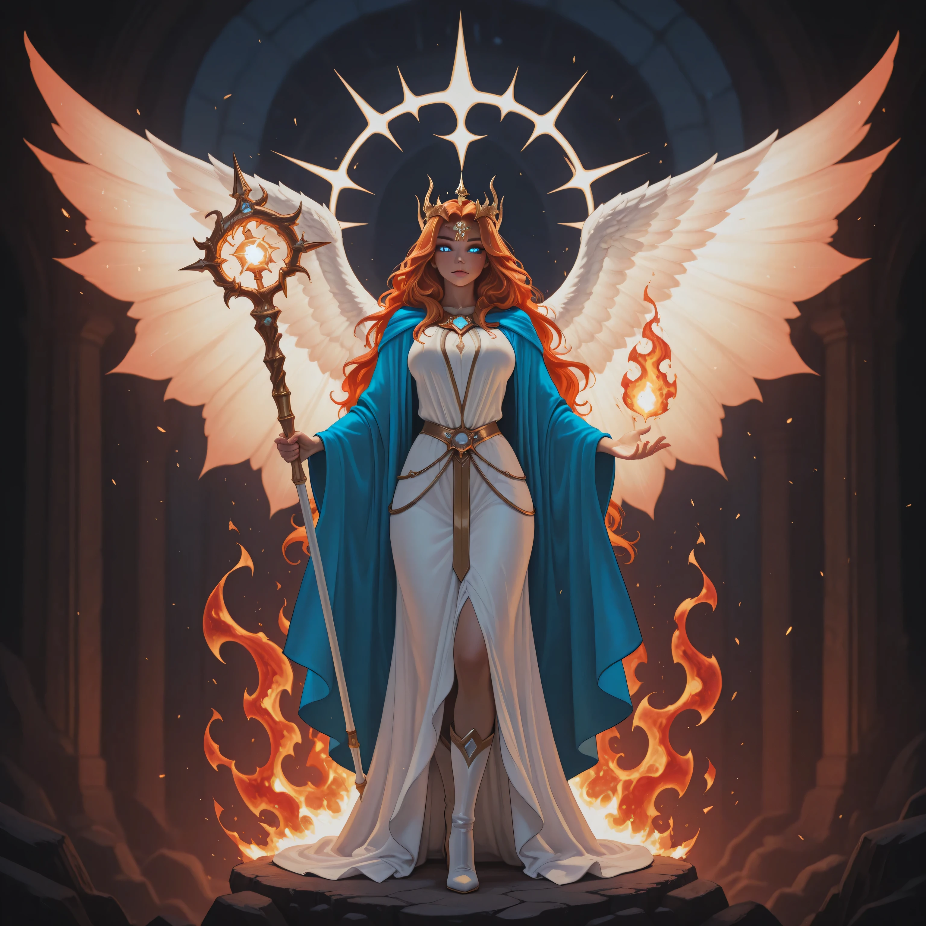 aidmaMJ6.1,realistic cartoon,a picture  female aasimar sorceress casting a fire spell,  extremely beautiful female aasimar, orange hair, long hair, wavy hair, dynamic eyes color, angelic eyes, radiant magical eyes, ultra detailed face, spread angelic wings, white angelic wings, wearing dynamic color robe, wearing blue cloak, long cloak, flowing cloak with fire motifs, wearing high heeled boots, armed with magical staff,  manipulating fire magical energy, vibrant, Ultra-high resolution, High Contrast, (masterpiece), highest quality, Best aesthetics), best details, best quality, highres, 16k, [ultra detailed], masterpiece, best quality, (extremely detailed) RAW, fantasy art, dnd art,