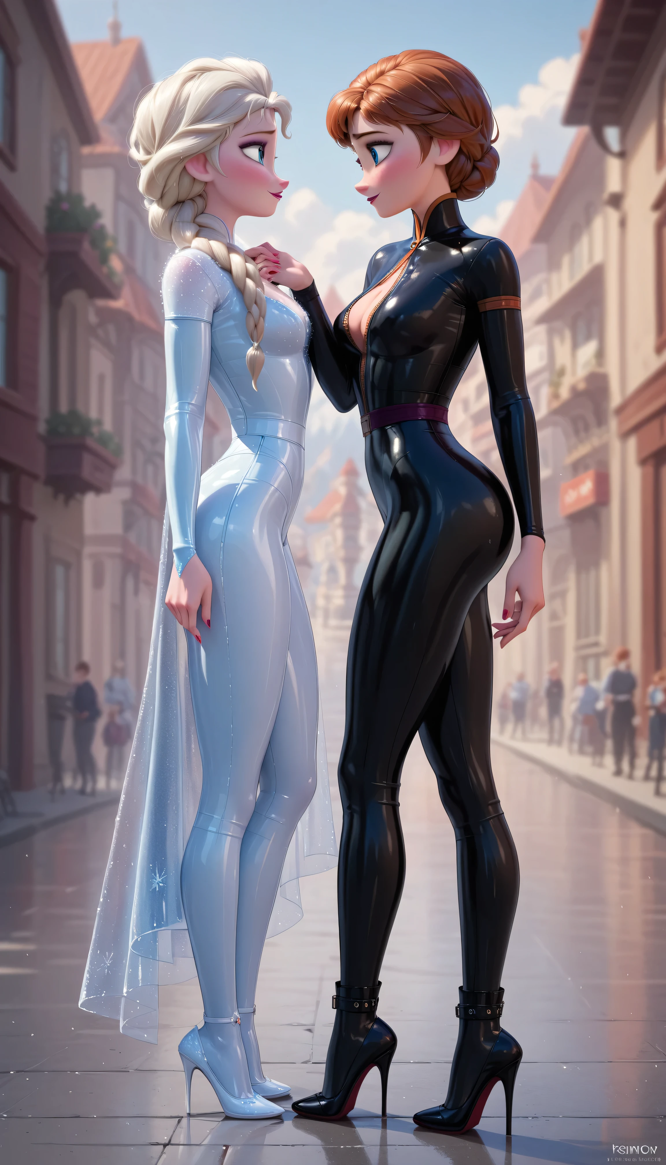 Woman astronaut Anna and Elsa, who look at each other passionately, sexy latex suit with high heels, Universe in the background