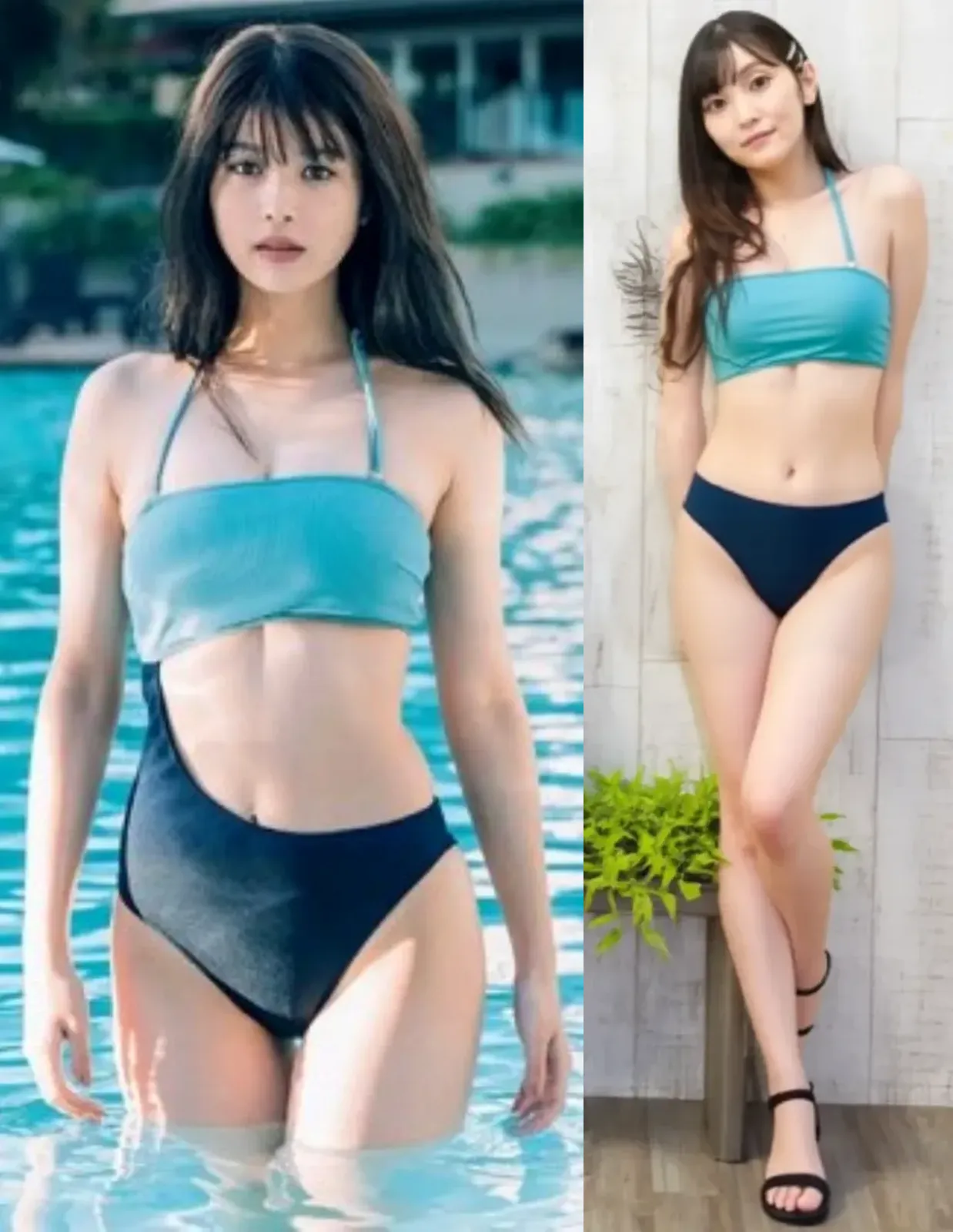 tmasterpiece，Need，ssmile，Standing，A 14 year old girl in a bandeau top by the sea，Colorful swimsuit，Thin，Bigchest，long leges，Barefoot