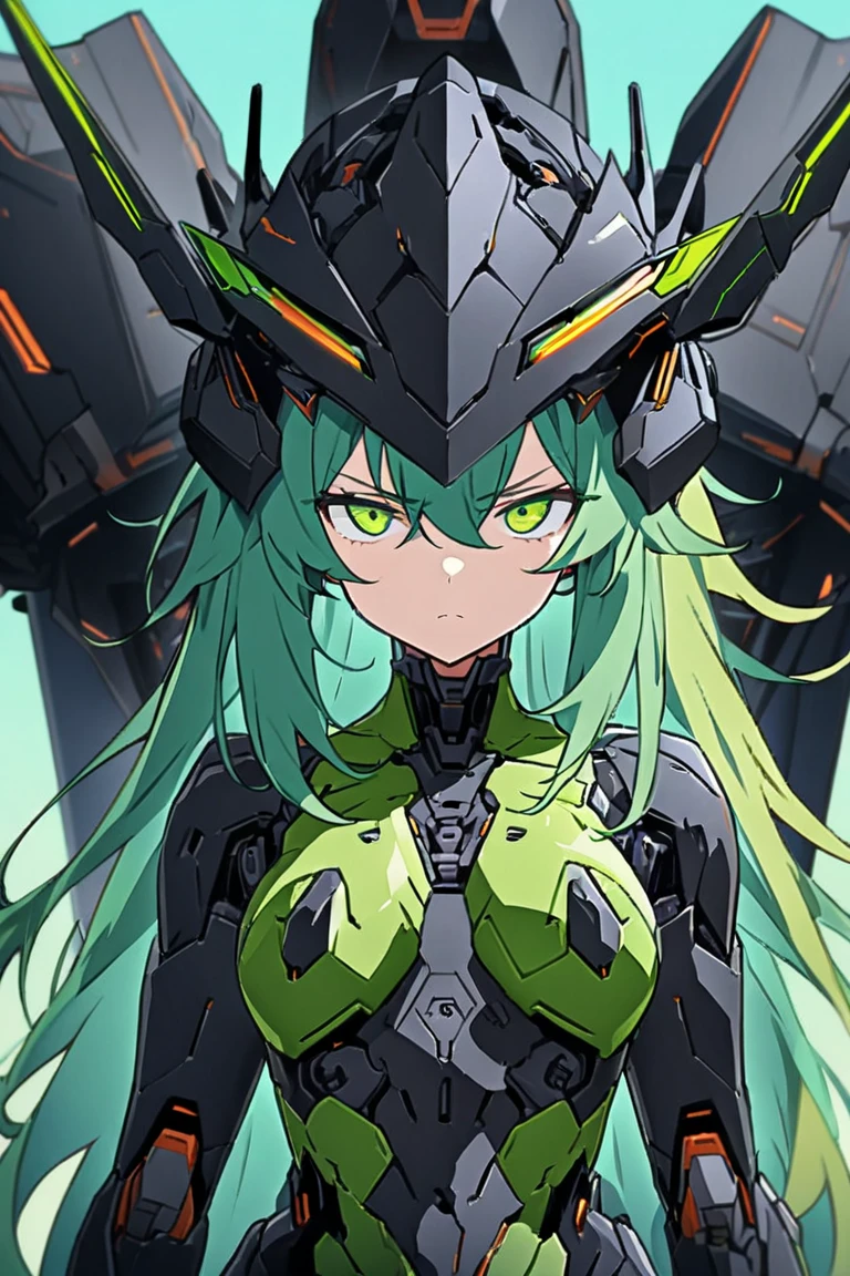 (((masterpiece))), (upper body), 1girl, solo, Green hair, long hair, Green eyes, (slant eyes), science fiction, (mecha musume:1.5), mechanical parts, headgear, doragon mechanical tails, ((mechanical Black dragon Armor)), Evil smile face, (((Energy Monster))), Anime style