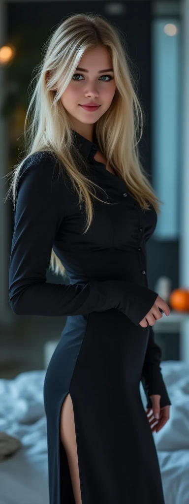 Hyper realistic super detailed ???? Anna, Sophie detailed, expressions faciales ????, seductive facial expressions, [:(Face detail: 1.4): 0.4], 16K resolution, 4k resolution, dinamic lighting, High definition resolution, (hyper realistic: 1.4),(contrasting background: 1.5), (??????? of the hyperrealistic arm), (Hyperrealistic ??????? of the legs), (peau propre), (lighting cinematic: 1.7), (intime), (Technologie NVIDIA RTX Ray Tracing), (??????? of the hyperrealistic arm: 2), (Ventre plat parfait), (image couleur), Sophie, blond hair, gray eyes, long hair, jewelry, blush, ?????????????, room, sleeveless dress, turtleneck dress, pantyhose, (black dress:1.2), turtleneck, black pantyhose, looking at viewer, masterpiece, best quality, highly detailed, desire, blush, perfect hands, blush, ?????????????.