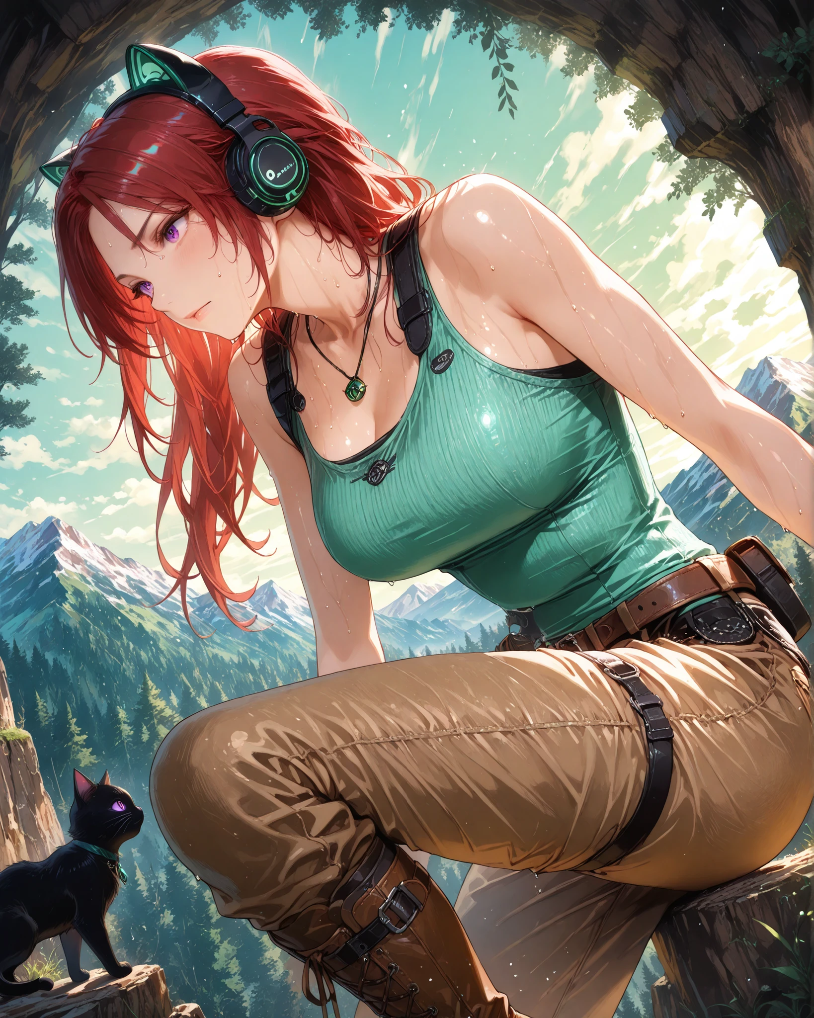 laracroft, (long_hair, , red_hair, deep_green eyes), (bare_shoulders, boots, (brown_pants), belt, necklace, thigh_strap, brown_footwear, tank_top, jewelry),,Side angle, (masterpiece, ultra-detailed, 4k, vibrant colors, dynamic scene), {Jessy}: (a beautiful and attractive woman, long red hair, purple eyes, wearing a black cat ear headset, clothing inspired by the character Lara Croft, making a difficult climb on a high mountain, expression of tiredness, sweaty body), a forest environment, and a large mountain, well lit and shadows throughout the environment.