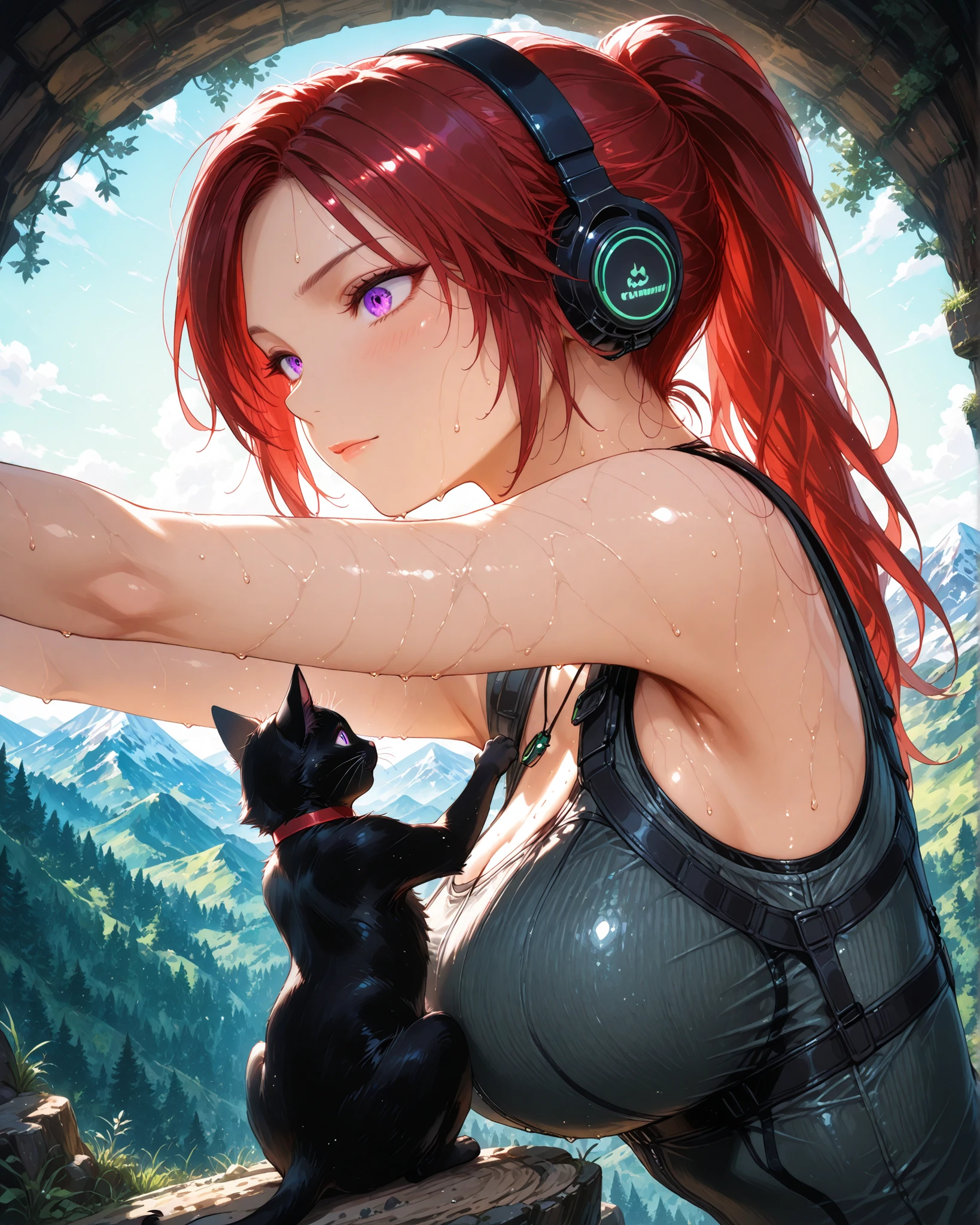 Side angle, (masterpiece, ultra-detailed, 4k, vibrant colors, dynamic scene), {Jessy}: (a beautiful and attractive woman, long red hair, purple eyes, wearing a black cat ear headset, clothing inspired by the character Lara Croft, making a difficult climb on a high mountain, expression of tiredness, sweaty body), a forest environment, and a large mountain, well lit and shadows throughout the environment.