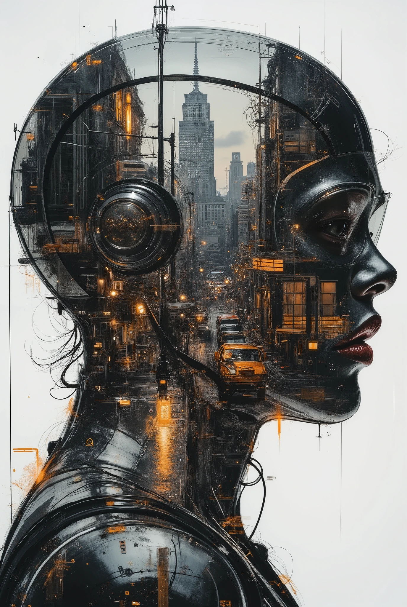 masterpiece, double exposure, silhouette of high-end robot helmet, filled with cyberpunk street, highest definition, HD32K, wallpaper, crisp lines, double exposure background, hyperdetailed, concept art, mythp0rt
