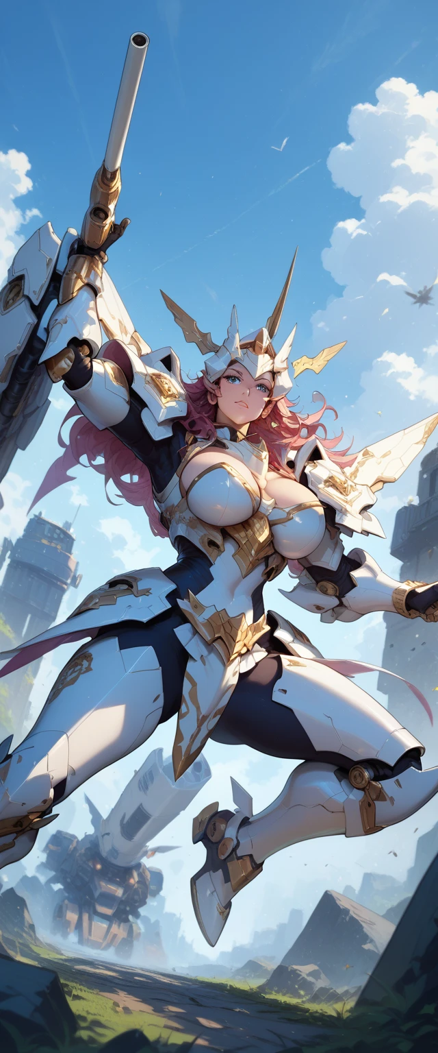 (masterpiece:1.2), (highest quality:1.2), 1girl, solo, purple-hair, long-hair, , armor, , large-, helmet, open-mouth, smile, boots, purple-eyes, gauntlets, very-long-hair, thighhighs, blue-eyes, full-body, red-armor, looking-at-viewer, blush, thigh-boots, simple-background, armored-boots,
