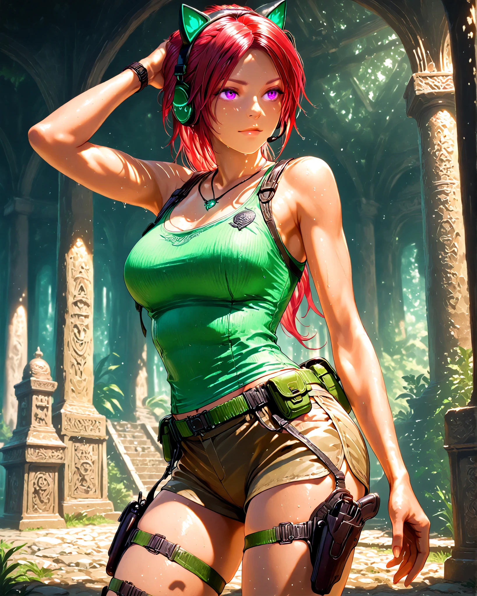 (masterpiece:1.3), illustration, 1girl, Long vibrant red hair, intense purple eyes, cat ear headset, wearing Lara Croft's classic Tomb Raider adventure outfit (Water green tank top, shorts marrons, utility belt , thigh holsters and boots), ancient temple setting, pose aventureira, Realistic lighting, detalhes finos