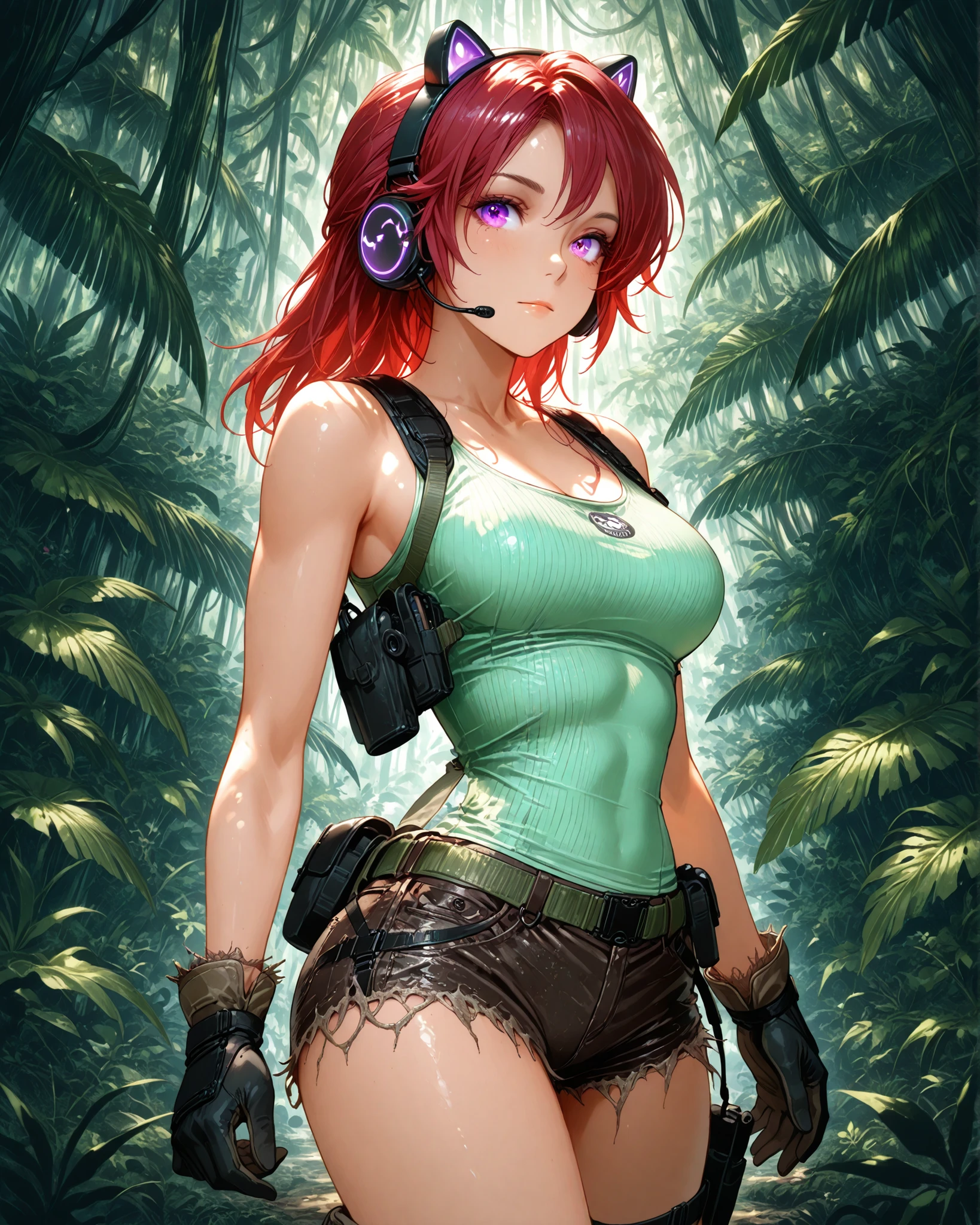 (masterpiece:1.2), female character with long loose red hair, bright amethyst-colored eyes, modern kitten headset, outfit inspired by Lara Croft (light green tank top tight, frayed leather shorts, gloves and tactical boots), rainforest background, adventurous atmosphere, luz suave, estilo digital painting