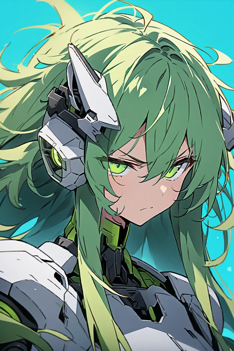 1 Cat-eared maid wearing a mecha suit, Slender fuselage,shining eyes, ((folded arms pose)),Camouflage pattern, green and white body,((cat ears long hair)),battlefield concept art ,ink art, flat color, high contrast, fashion absurdity, highest quality, negative space,Against the background of blue sky and white clouds