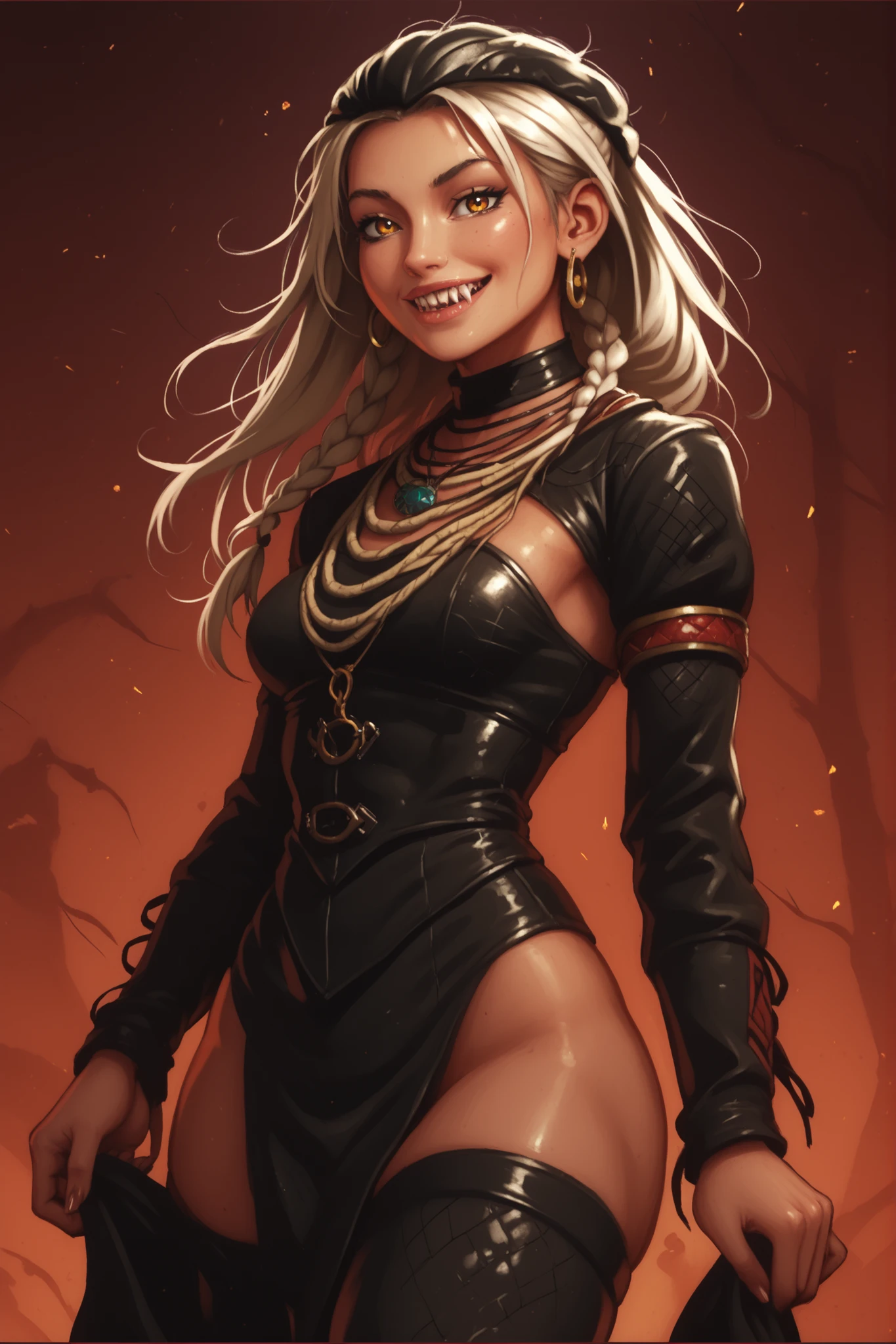 Woman looks like Elena from Street Fighter. Cute girl. Bronzefarbene Haut. She has a horizontal scar over her nose. She has sharp teeth. pointed fangs in her mouth. your body is athletic, with muscles and abs. B-Cup. Sie hat rote, Asian and narrow eyes, A pretty, And young face and white braids. The Inca clothing made from the finest snakeskin-look leather with corset with leather straps (Schlangenhaut-Optik), and an amber necklace. atmospheric lighting. looks at the viewer. She has an innocent smile with lots of sharp teeth. Keine Tiere im Bild. Hintergrund: aztekischer Tempel, strong lineart, hdr, hdr colours, hdr colours. Sharp. HD. Fake box art.