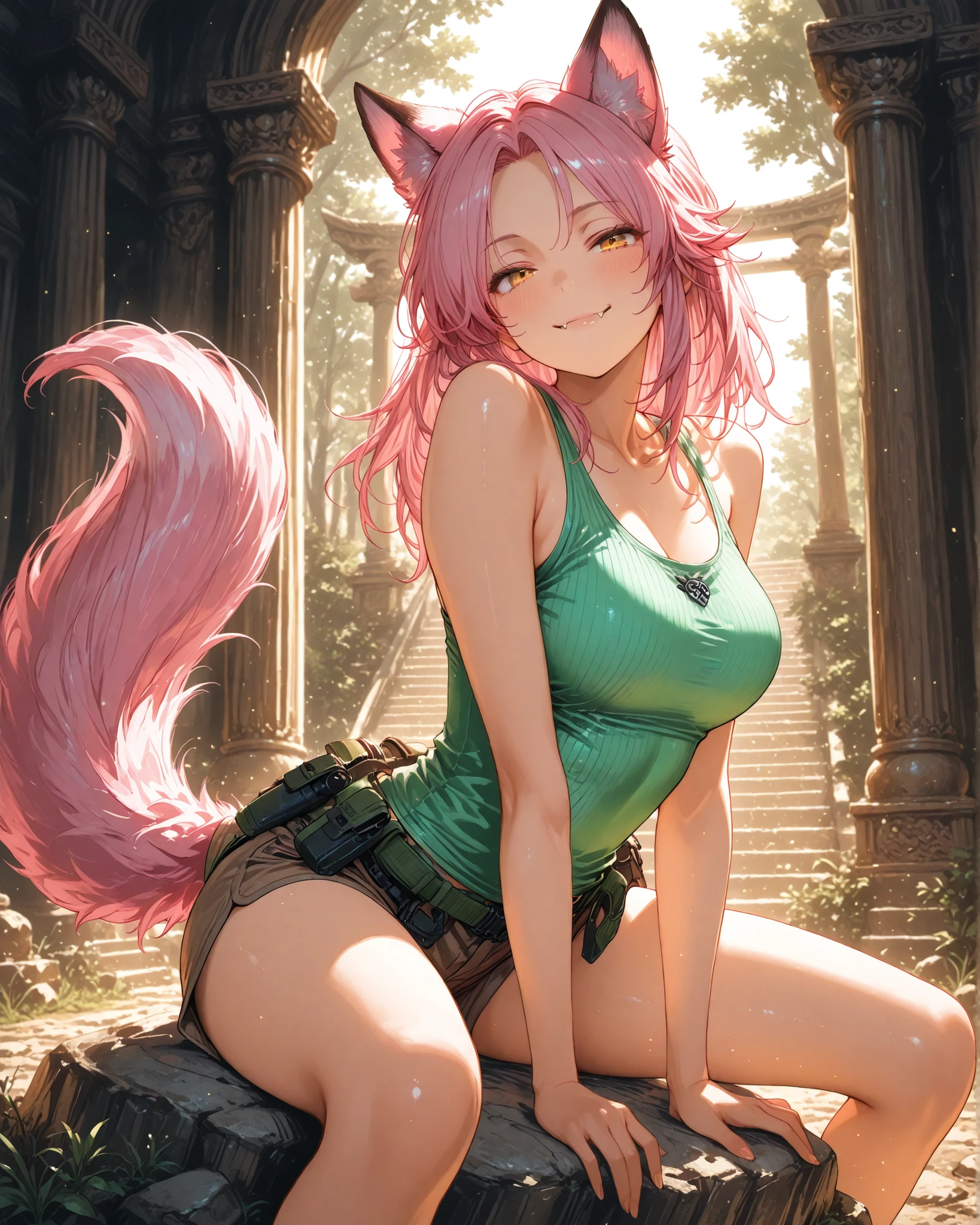 (masterpiece:1.3), illustration, 1girl, curvaceous and sensual body, long light pink hair, eyes, fuzzy pink fox ears on top of the head, voluminous pink tail behind, clothes inspired by Lara Croft (fitted green tank top, shorts marrom justo, utility belt , botas altas), pose sitting on a rock, smile showing small fangs, soft and warm lighting, ancient temple background