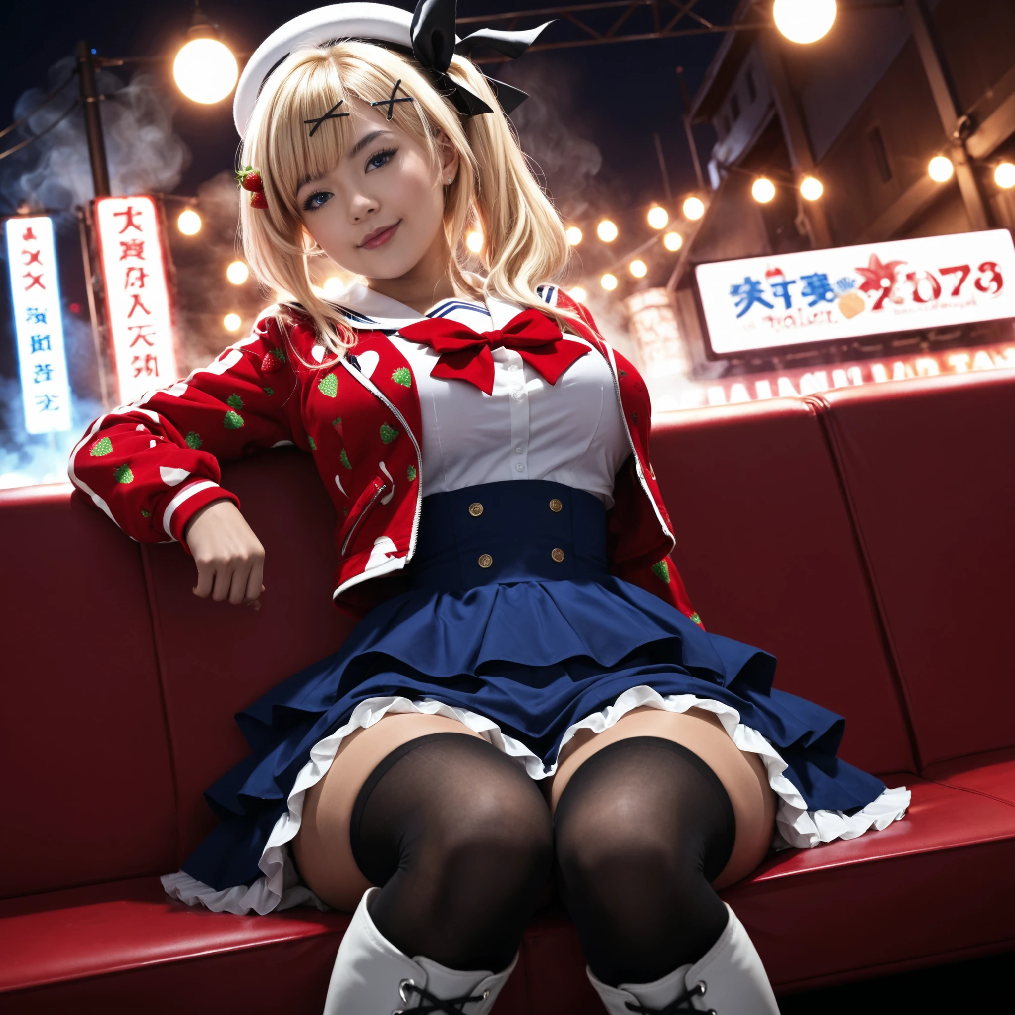 score_9, photorealistic, hyper realistic, ultra detailed, high quality. nukui hayu, ochikobore fruit tart, asian woman, blonde hair, long hair, side ponytail, hair ribbon, x hair ornament, hat, white headwear, blue eyes, thin eyebrow, blonde eyebrow, fang, big breasts, thin waist, wide hips, white shirt, red jacket, long sleeves jacket, print jacket, strawberry print, white shirt, white sailor collar, red bowtie, blue skirt, frilled skirt, layered skirt, black thighhighs, knee boots. night, idol show stage, colorful lights, smoke. sitting. cinematic lighting, soft light.
