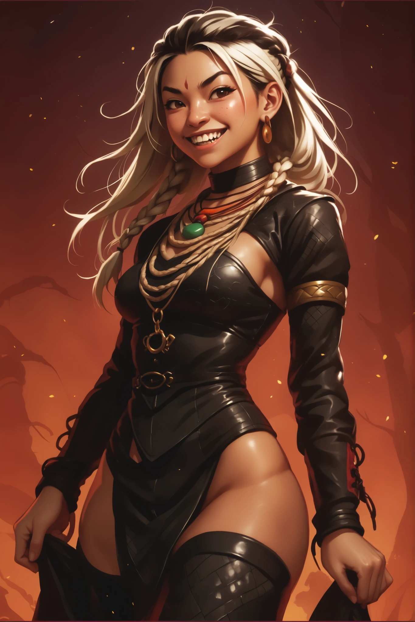 Woman looks like Elena from Street Fighter. Cute girl. Bronzefarbene Haut. She has a horizontal scar over her nose. She has sharp teeth. pointed fangs in her mouth. your body is athletic, with muscles and abs. B-Cup. Sie hat rote, Asian and narrow eyes, A pretty, And young face and white braids. The Inca clothing made from the finest snakeskin-look leather with corset with leather straps (Schlangenhaut-Optik), and an amber necklace. atmospheric lighting. looks at the viewer. She has an innocent smile with lots of sharp teeth. Keine Tiere im Bild. Hintergrund: aztekischer Tempel, strong lineart, hdr, hdr colours, hdr colours. Sharp. HD. Fake box art.