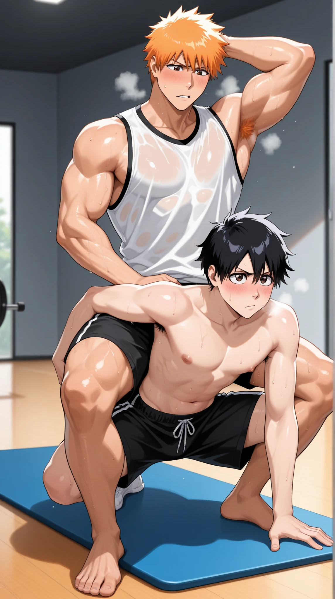 underground room,18 year old handsome boy  by two perverts,slaves,short-haired,blac hair,eyes are black,jock strap,Sweat vapor,Crying face,Reluctant face,Crying face,A face that clings to the other person,Fierce resistance,The  is stimulated with a , expressions are sensual,, ,Toned body,Hands tied behind your back,Crawl  with your butt sticking out,What  looks like,The bulge in her bikini is 、facing the front there,look up and look at the other person,gargantilha,noose,chain,Realisticity,Accurate depiction of the human body