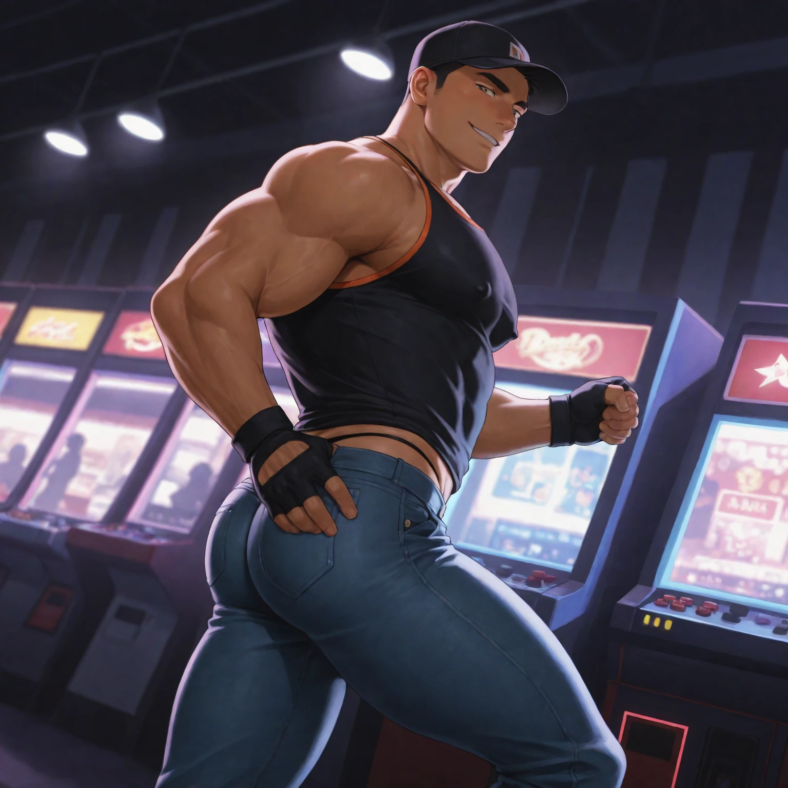 best quality, masterpiece, ruggedly handsome man with wavy brown hair, muscular bodybuilder, wearing leather  gear, twist his own , kneeling on led stage, , studded ,  (dripping ), gasping for air, blushing,  male crowd in the background throwing money at him, laser lights and RGB spotlights in the background, , gay, homoerotic, zoomed out, best view, ambient lighting, extremely dramatic shadows, perfection, no watermark, no logo, no signature