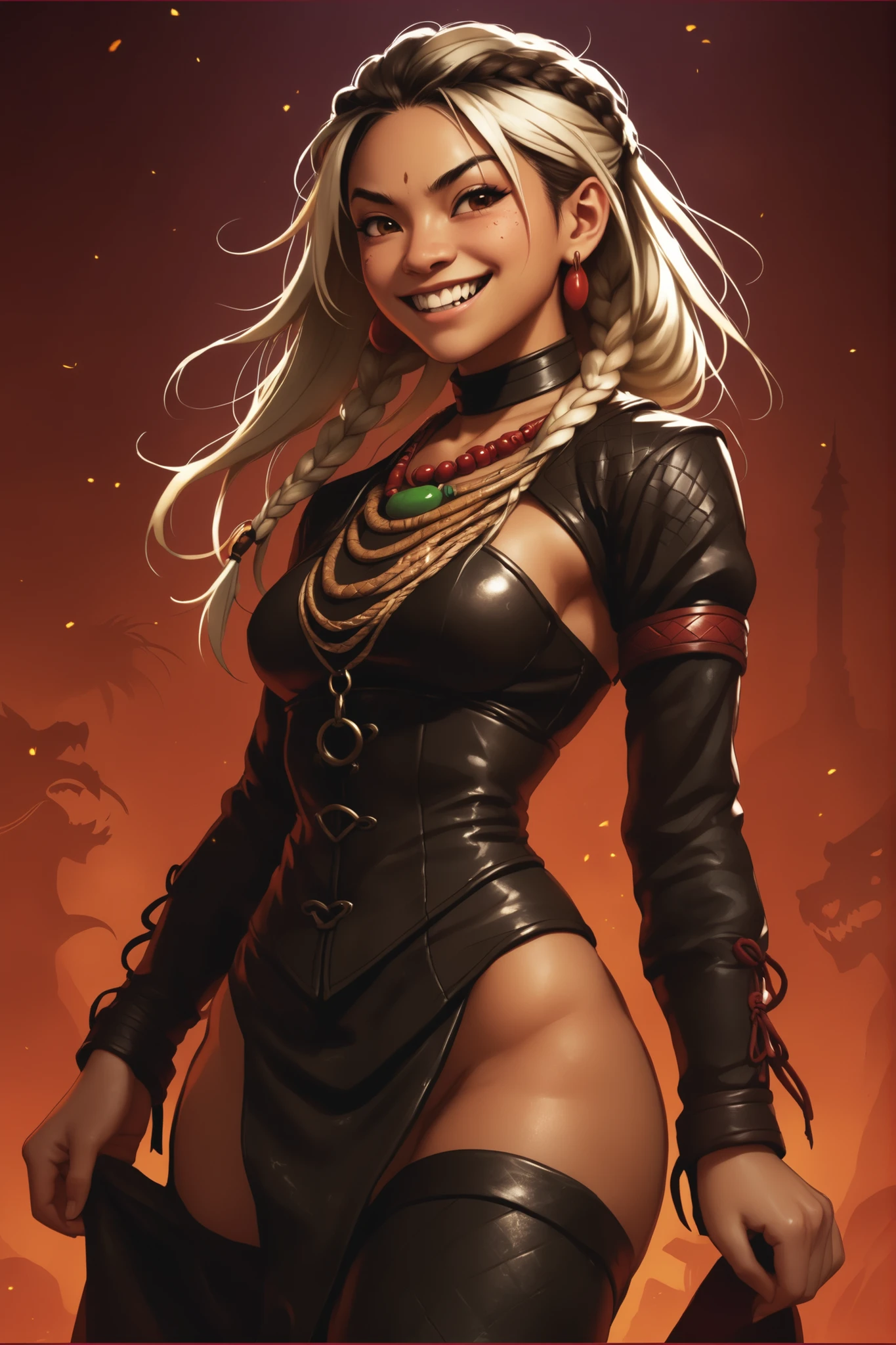 Woman looks like Elena from Street Fighter. Cute girl. Bronzefarbene Haut. She has a horizontal scar over her nose. She has sharp teeth. pointed fangs in her mouth. your body is athletic, with muscles and abs. B-Cup. Sie hat rote, Asian and narrow eyes, A pretty, And young face and white braids. The Inca clothing made from the finest snakeskin-look leather with corset with leather straps (Schlangenhaut-Optik), and an amber necklace. atmospheric lighting. looks at the viewer. She has an innocent smile with lots of sharp teeth. Keine Tiere im Bild. Hintergrund: aztekischer Tempel, strong lineart, hdr, hdr colours, hdr colours. Sharp. HD. Fake box art.