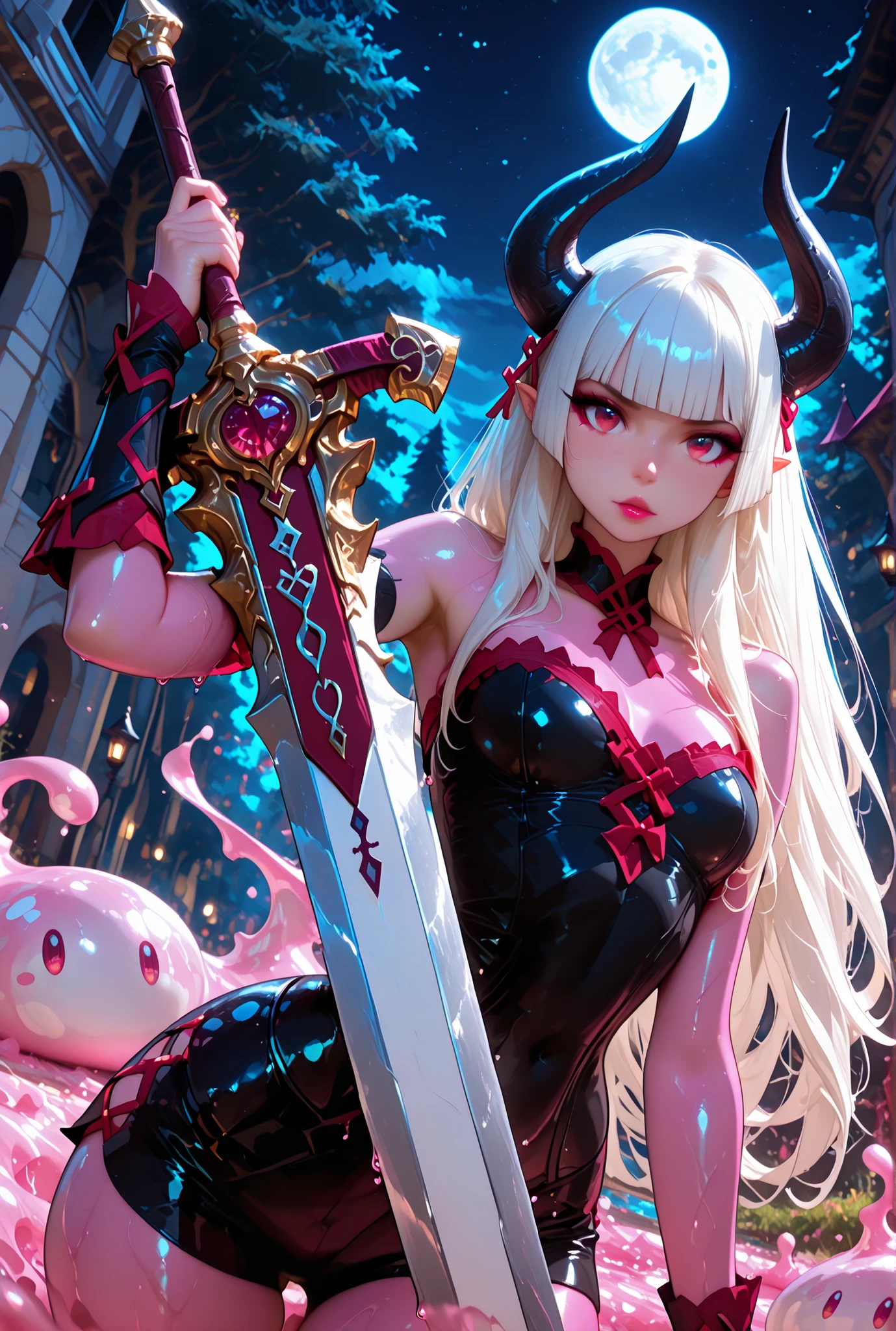 hime cut, long hair, blunt bangs, black hair, multicolored eyes, lips,Athletic build, tall figure, BIG BLAK HORNS, long ears, red eyes, tiefling girl, gloss skin, shiny skin, small breasts, runesword, holding a large luminous sword, white hair, fantasy world,pink skin, bare shoulders, detailed eyes, depth of field, subject focus, masterpiece, best quality, high quality, absurd, high definition,solo, long hair, blue eyes, eyeliner, makeup, lipstick, slime body, ethereal beauty,
luminous runic patterns, cwboy shot, looking at viewer, action pose, dynamic pose, dynamic angle,
outdoors, night, white moon, epic detalied