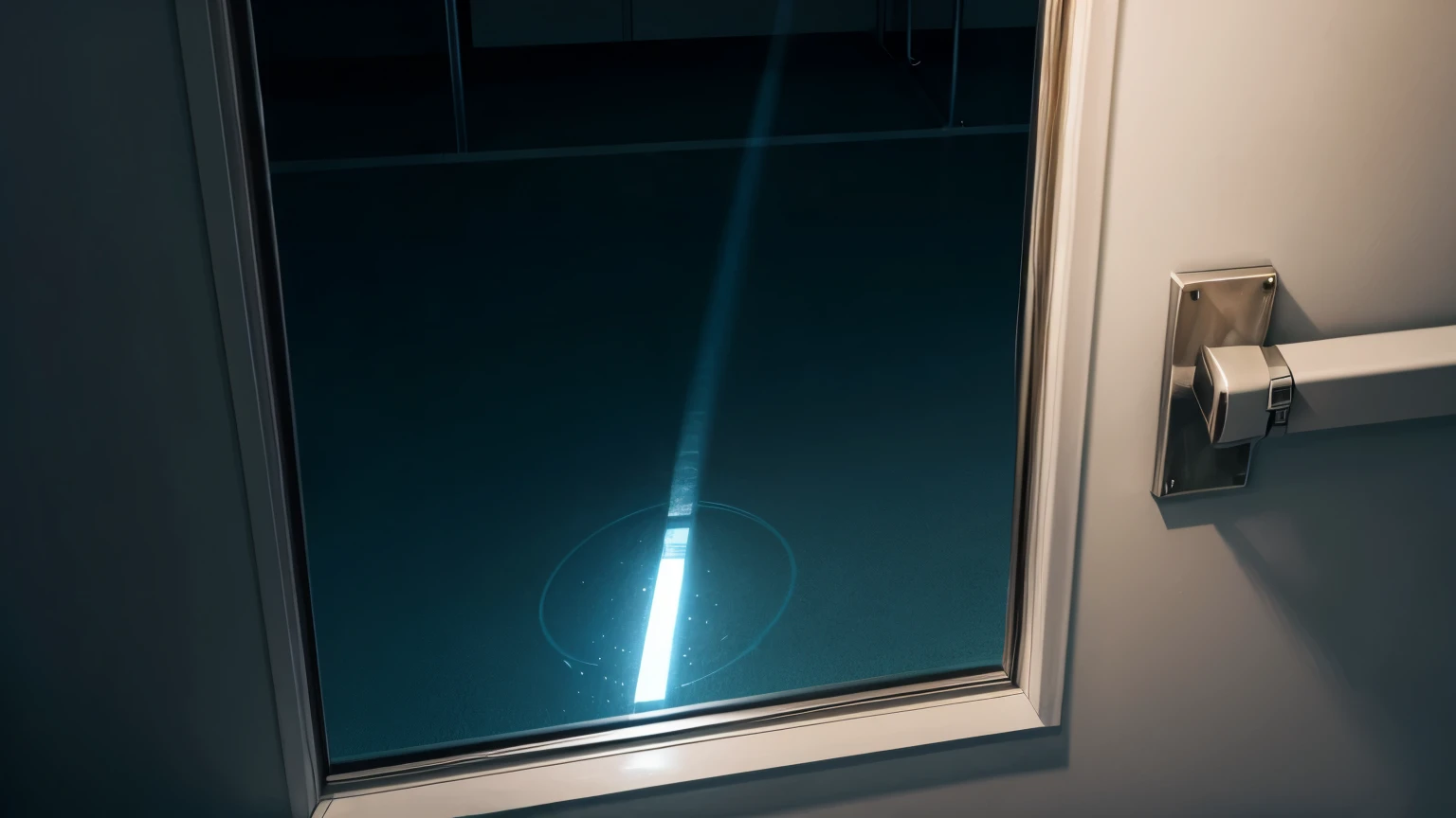 SCP-1620 contained within a sterile, white-walled containment cell, secured by multiple restraints, a single overhead light casts long shadows on the 2m x 2.5m mirror; the reflection is subtly distorted, hinting at an unseen threat, SCP Foundation logo faintly visible in the background, clinical atmosphere, high detail, digital painting