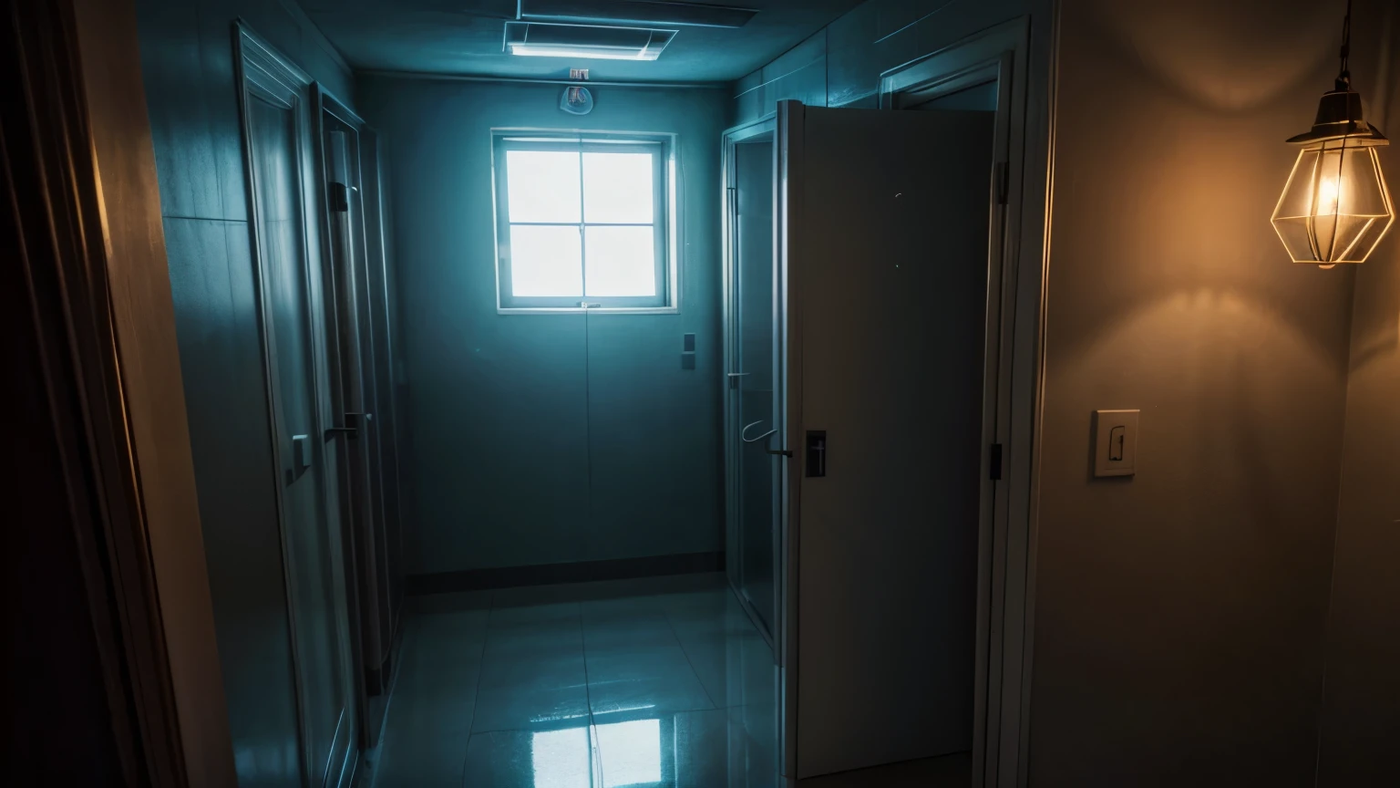 SCP-1620 contained within a sterile, white-walled containment cell, secured by multiple restraints, a single overhead light casts long shadows on the 2m x 2.5m mirror; the reflection is subtly distorted, hinting at an unseen threat, SCP Foundation logo faintly visible in the background, clinical atmosphere, high detail, digital painting