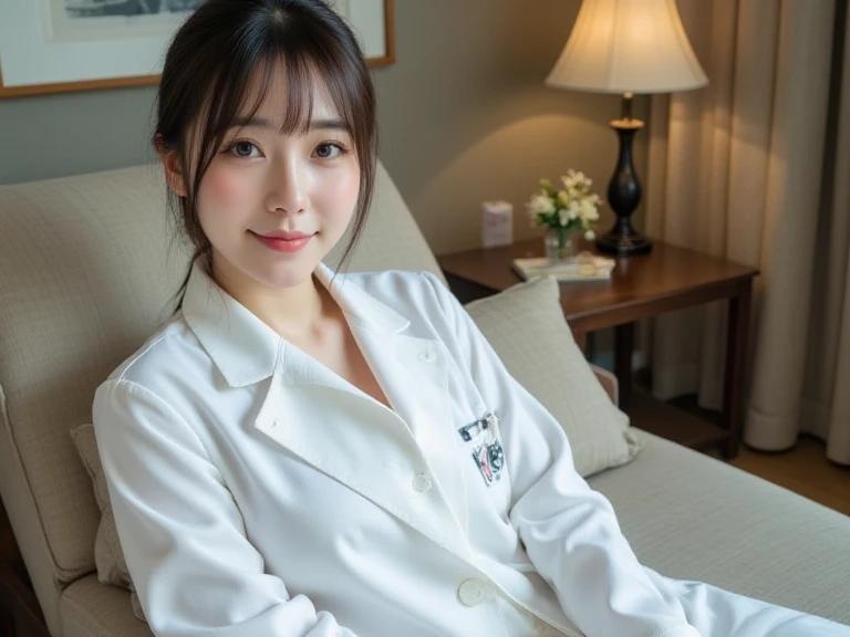 POV, (ojou-sama pose:1.5), (full body shot:1.2), (masterpiece:1.3), high resolution, ultra detailed, extremely detailed CG unity 8k wallpaper, realistic, photo-realistic, RAW photo, beautiful detailed face, Japanese woman, pale skin, realistic skin, detailed cloth texture, detailed hair texture, Perfect proportion, Beautiful Face, accurate, Anatomically correct, Highly detailed face and skin texture, natural neck length, (beautiful hands), (fair skin:1.2), Thin legs, Thin feet, BREAK Detailed eyes, symmetrical eyes, Light Brown eyes, Double eyelids, Thin eyebrows, (Glossy lips:1.4), (Goddess smile:1.2), BREAK (A Classy and Cute girl:1.3), (Wearing labcoat and stockings:1.2), (medium large breasts:1.2), (slender figure), (Dark brown hair, wavy hair), ((Medium long hair, asymmetrical bangs:1.2)), (looking at viewer:1.2), From front, BREAK, (modern hospital bed:1.2),