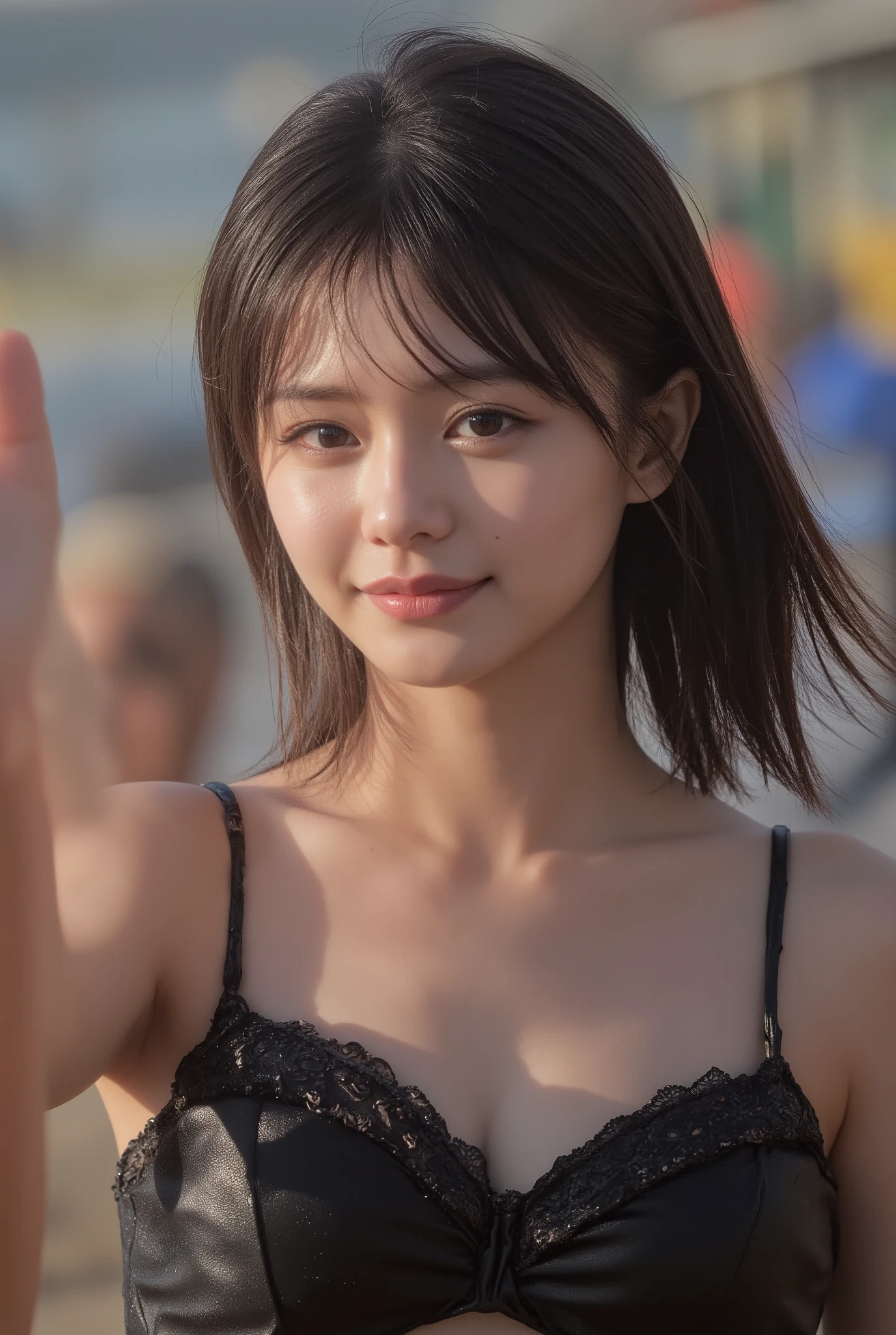 (Woman with huge saggy １By people),(((super short hair))),((綺麗なとてもshort black hair with waistの女性)),(short black hair with waist),(Very short hair with black hair),Realistic Portraits,Realism,top quality,Masterpiece,top quality,best image quality,Highest Resolution,fine detail that will grab your arm,beautifully detailed faces,dark eyes,accurate upper body,realistic skin,(narrow your eyes微笑む),and no one was at the seaside,Observe her upper body up close and front,Lie down ,show me face forward,face the front,Elaborate Upper Body ,arms are correctly shown,(On a sunny seaside),(Huge saggy breasts),Indoor,(narrow your eyes),emitting light,((Close your mouth and smile)),