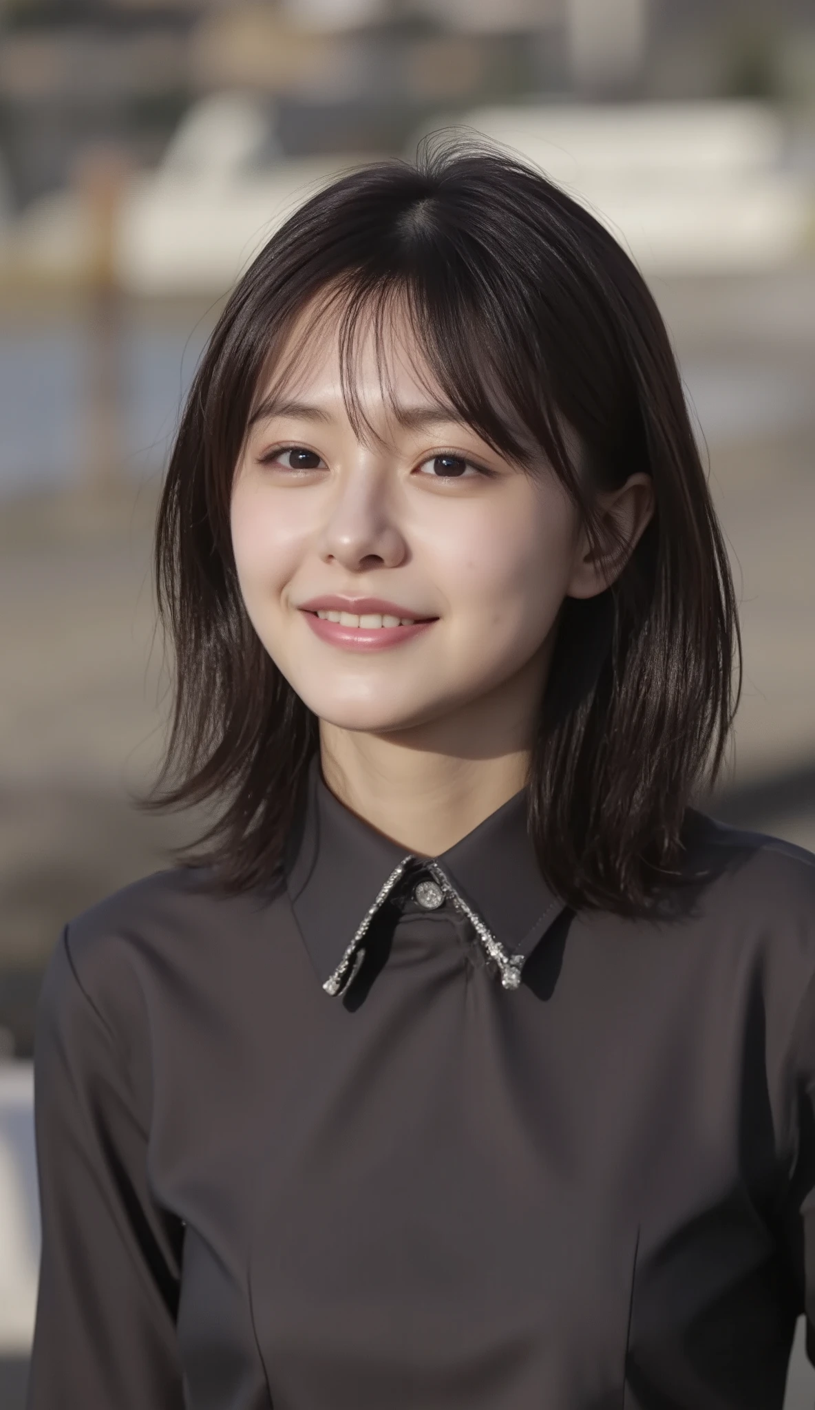 (Woman with huge saggy １By people),(((super short hair))),((綺麗なとてもshort black hair with waistの女性)),(short black hair with waist),(Very short hair with black hair),Realistic Portraits,Realism,top quality,Masterpiece,top quality,best image quality,Highest Resolution,fine detail that will grab your arm,beautifully detailed faces,dark eyes,accurate upper body,realistic skin,(narrow your eyes微笑む),and no one was at the seaside,Observe her upper body up close and front,Lie down ,show me face forward,face the front,Elaborate Upper Body ,arms are correctly shown,(On a sunny seaside),(Huge saggy breasts),Indoor,(narrow your eyes),emitting light,((Close your mouth and smile)),