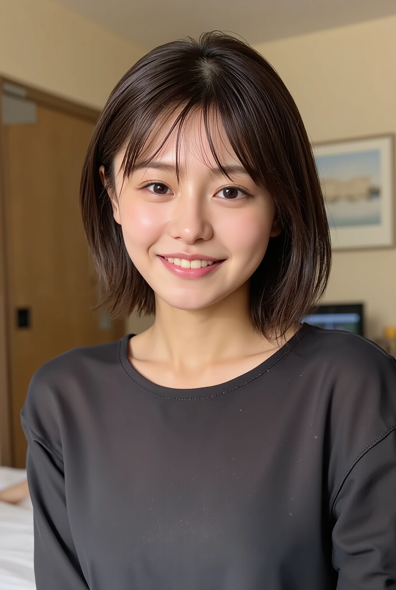 (Woman with huge saggy １By people),(((super short hair))),((綺麗なとてもshort black hair with waistの女性)),(short black hair with waist),(Very short hair with black hair),Realistic Portraits,Realism,top quality,Masterpiece,top quality,best image quality,Highest Resolution,fine detail that will grab your arm,beautifully detailed faces,dark eyes,accurate upper body,realistic skin,(narrow your eyes微笑む),and no one was at the seaside,Observe her upper body up close and front,Lie down ,show me face forward,face the front,Elaborate Upper Body ,arms are correctly shown,(On a sunny seaside),(Huge saggy breasts),Indoor,(narrow your eyes),emitting light,((Close your mouth and smile)),