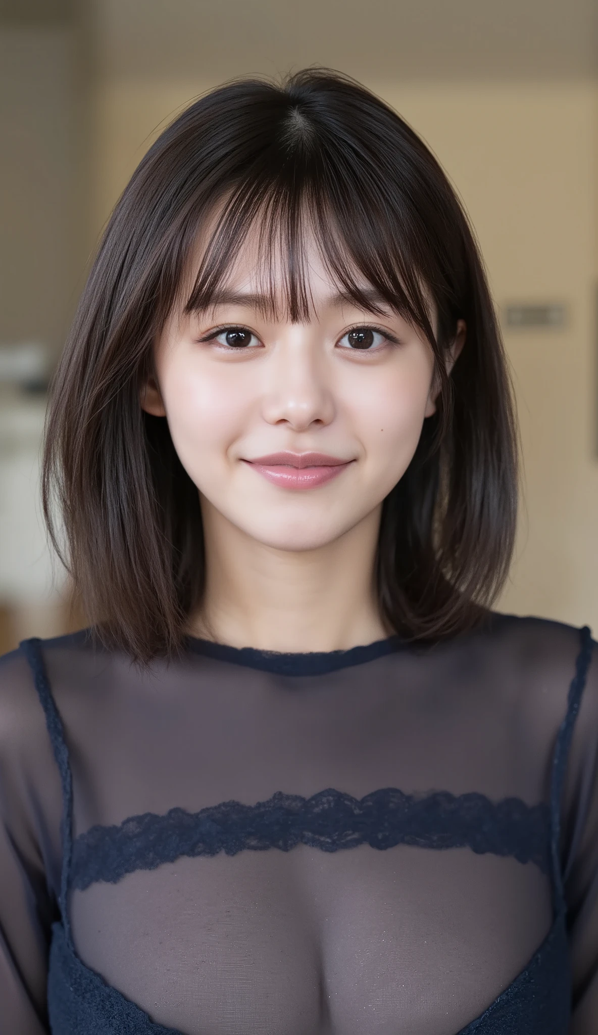 (Woman with huge saggy １By people),(((super short hair))),((綺麗なとてもshort black hair with waistの女性)),(short black hair with waist),(Very short hair with black hair),Realistic Portraits,Realism,top quality,Masterpiece,top quality,best image quality,Highest Resolution,fine detail that will grab your arm,beautifully detailed faces,dark eyes,accurate upper body,realistic skin,(narrow your eyes微笑む),and no one was at the seaside,Observe her upper body up close and front,Lie down ,show me face forward,face the front,Elaborate Upper Body ,arms are correctly shown,(On a sunny seaside),(Huge saggy breasts),Indoor,(narrow your eyes),emitting light,((Close your mouth and smile)),