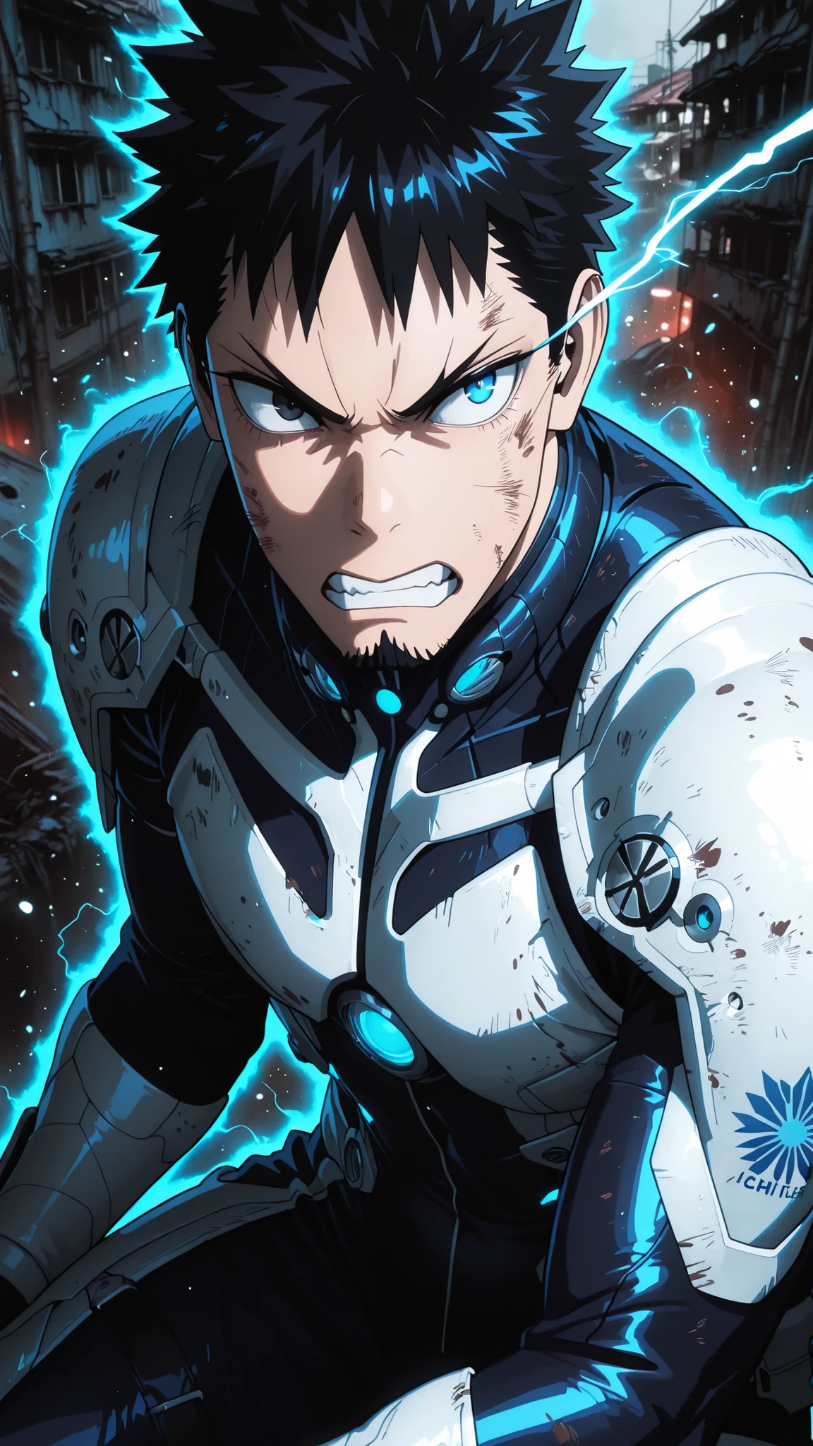 1man , solo , hibino kafka_Kaiju No. 8, black hair, spiked hair , black eyes, looking up, sideways glance, (blue eye trail:1.5) , mature male, , armor, (glowing lines::1.0) , goatee, facial hair, wide-eye, fighting pose, mma stance , canted angle , from above , Kaiju No. 8 anime style , angry, clenched teeth ,  face,  clothes , dynamic pose , 
blue aura, outer glow, static charge, electrostatic discharge , 
resolve, indomitable fighting spirit , 
Abandoned town, building on the verge of collapse , 
eyes reflection , moistened eyes , well-defined features , a beautiful face , beautiful eyes , fine hair , fine skin , 
( ambient occlusion:0.9 ) , masterpiece , best quality , ultra-detailed , high resolution , good , extremely detailed CG , unity 8k wallpaper , super detailed skin , perfect , detailed beautiful face , detailed beautiful eyes , highres , chiaroscuro , highly detailed background , elaborately designed clothes , cinematic lighting , cinematic angle , light particles , RAW 
