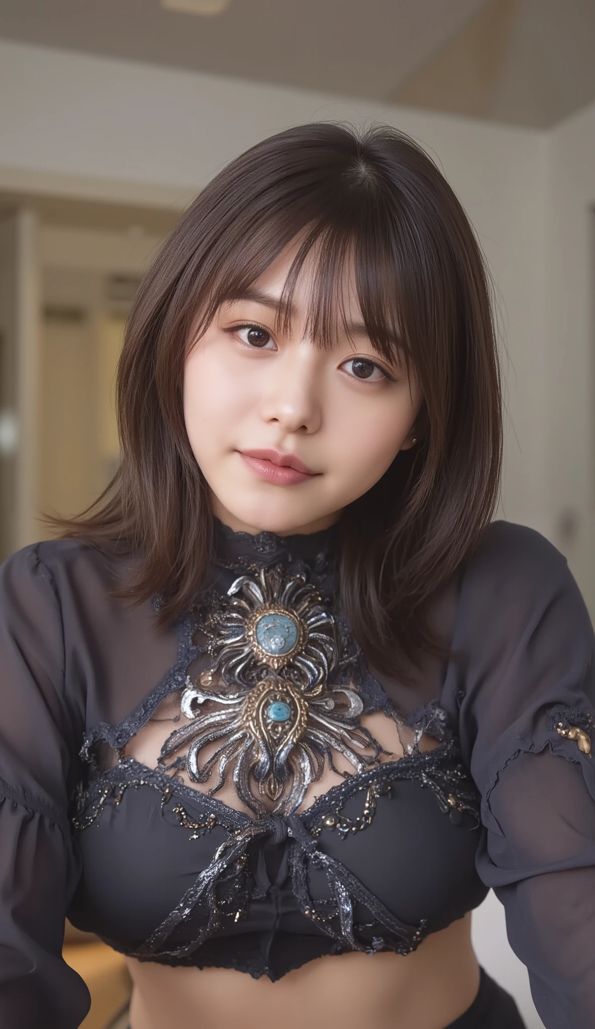 (Woman with huge saggy １By people),(((super short hair))),((綺麗なとてもshort black hair with waistの女性)),(short black hair with waist),(Very short hair with black hair),Realistic Portraits,Realism,top quality,Masterpiece,top quality,best image quality,Highest Resolution,fine detail that will grab your arm,beautifully detailed faces,dark eyes,accurate upper body,realistic skin,(narrow your eyes微笑む),and no one was at the seaside,Observe her upper body up close and front,Lie down ,show me face forward,face the front,Elaborate Upper Body ,arms are correctly shown,(On a sunny seaside),(Huge saggy breasts),Indoor,(narrow your eyes),emitting light,((Close your mouth and smile)),